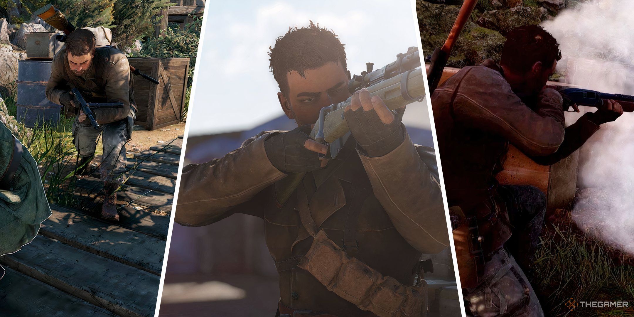 Sniper Elite Resistance three images of harry stealthing in a collage.