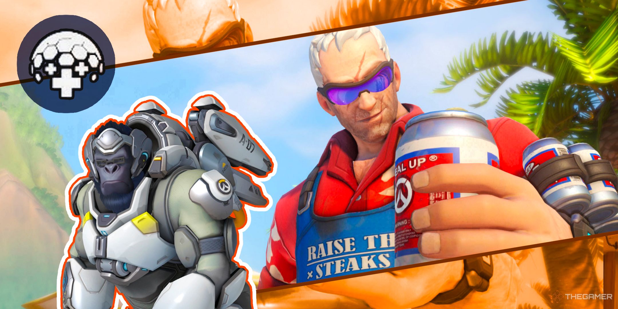 Soldier: 76 Grilling And Drinking At The Beach With Winston Next To Him, And Winston's Perk Icon Revitalizing Barrier From Overwatch 2.