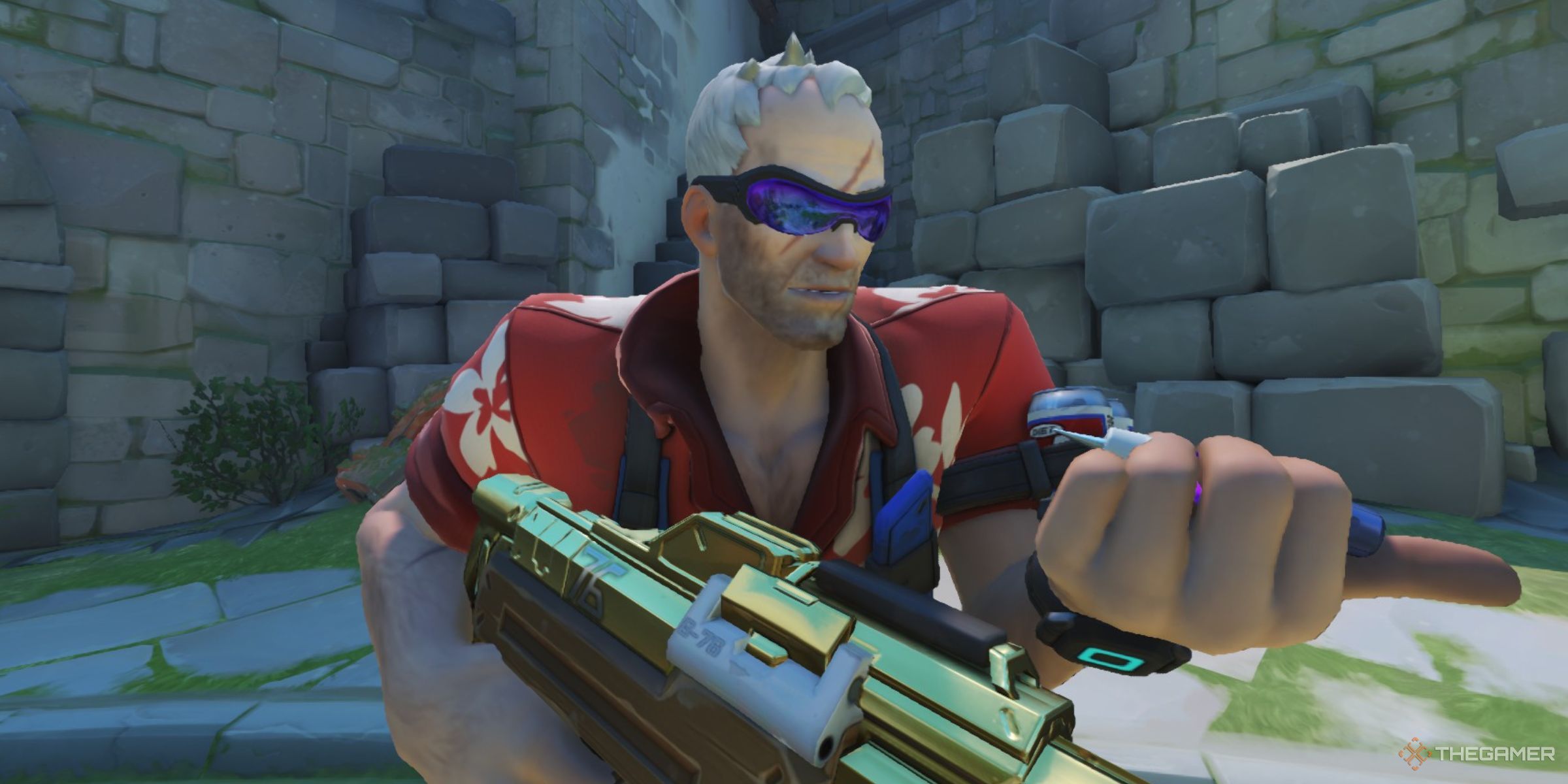 Soldier: 76 Using His Stim Pack Perk To Buff Himself In Eichenwalde In Overwatch 2.