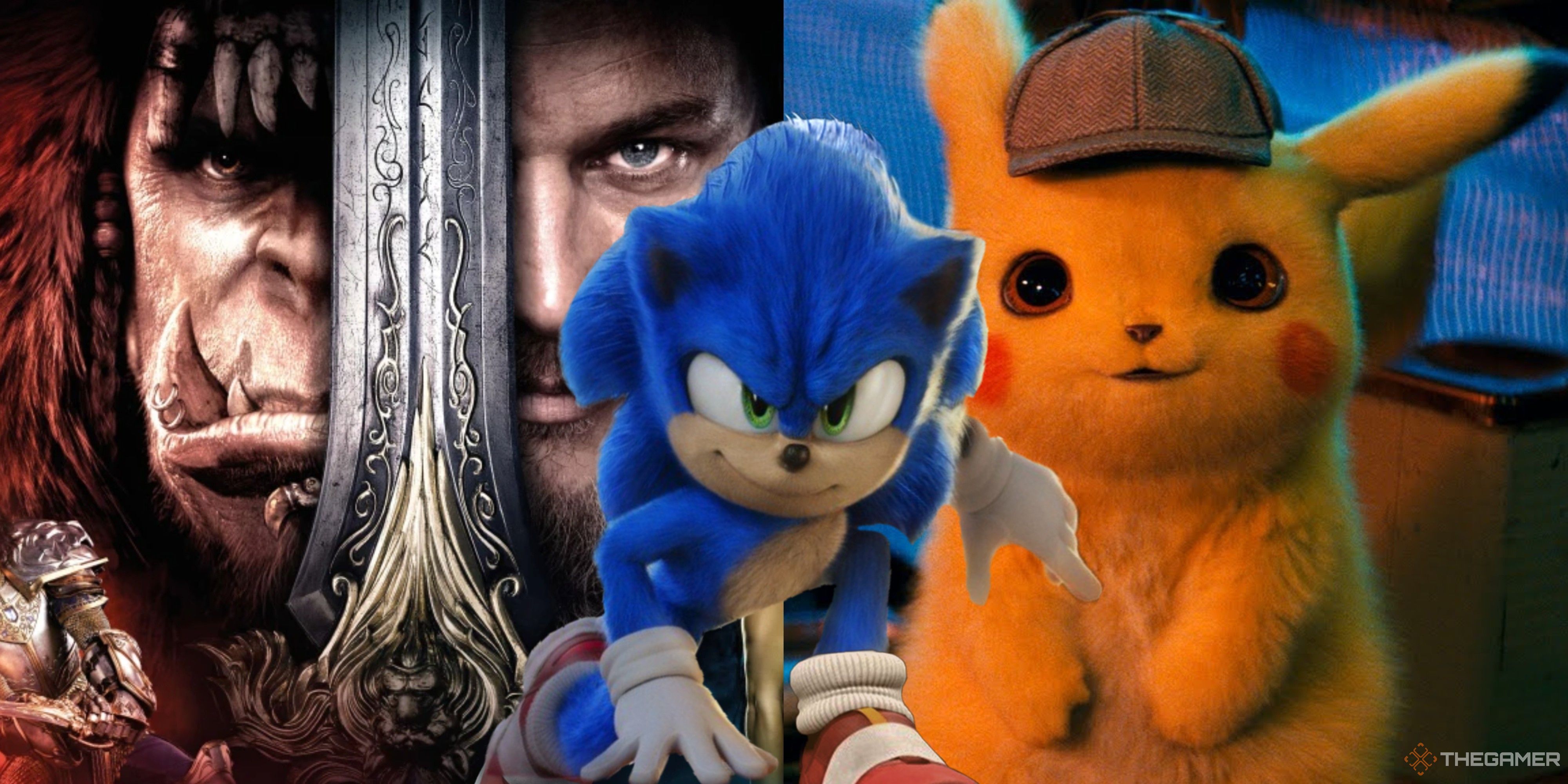 sonic taking a knee in front of a warcraft movie poster and detective pikachu.