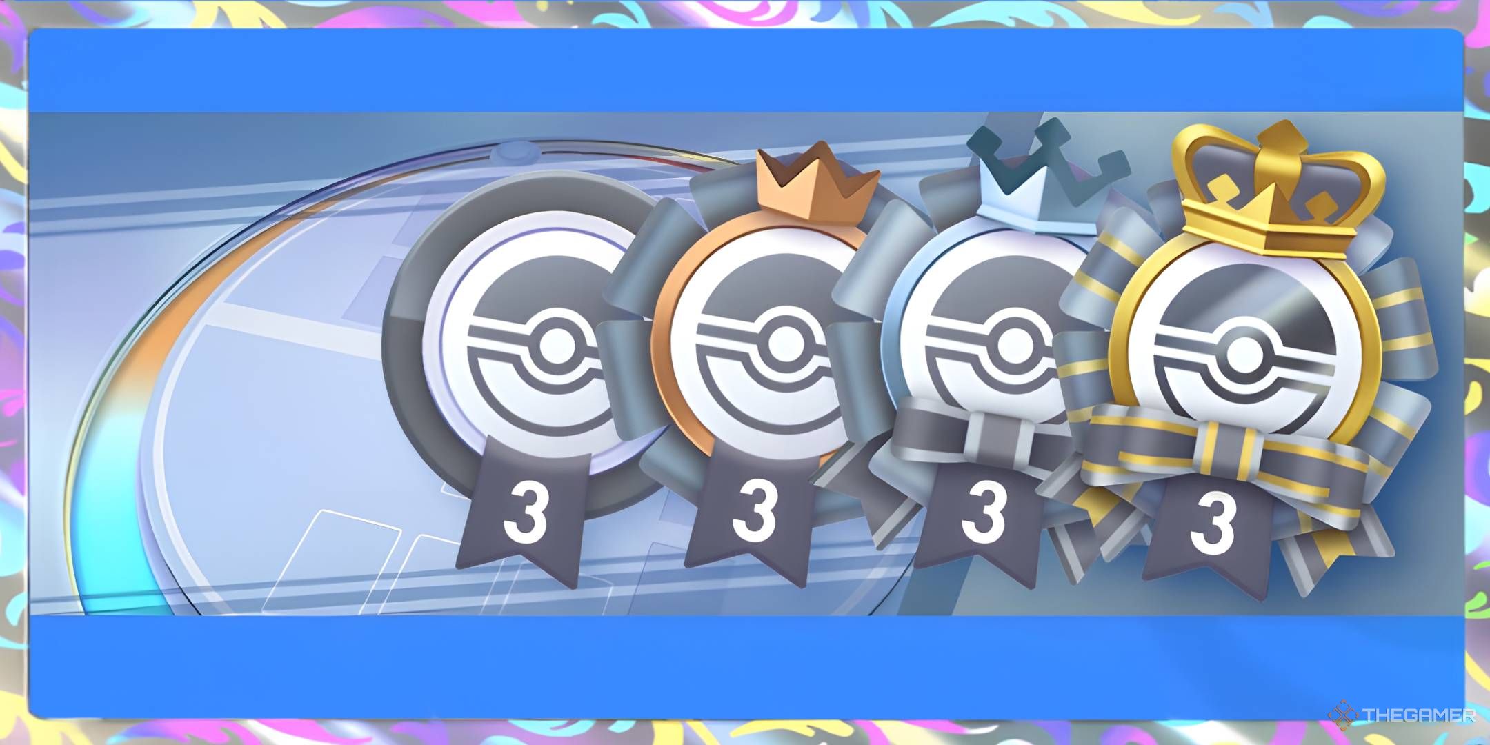 A spread of the emblems available through the Space-Time Smackdown Emblem Event, with the Gold emblem on the right, descending towards the left.