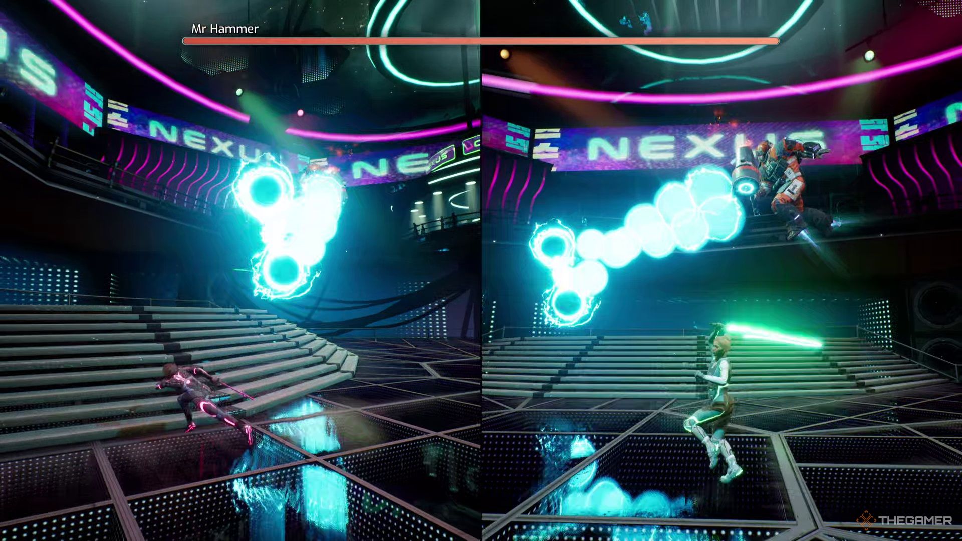Mr Hammer sends a duo of deadly blue orbs towards the player in Split Fiction.