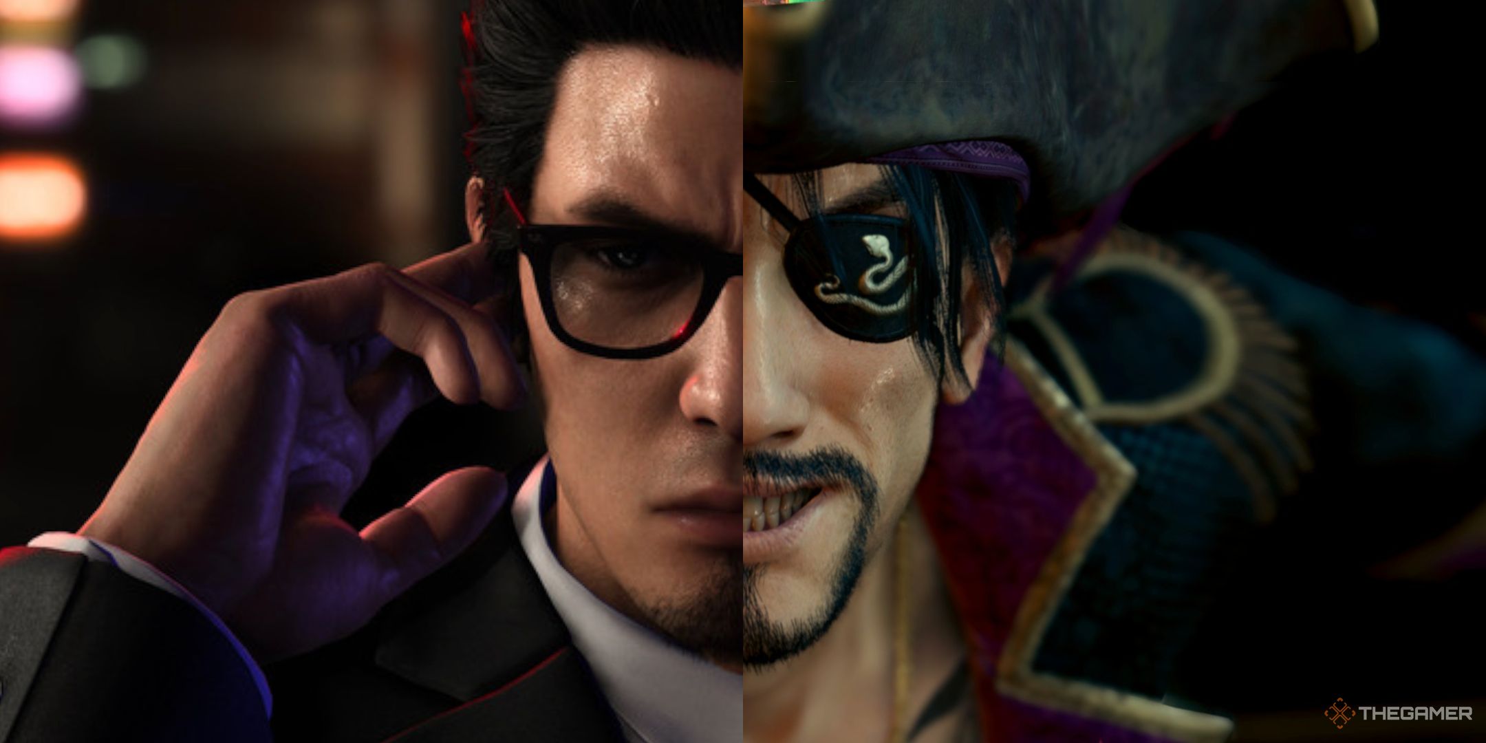 Split image of Majima from Pirate Yakuza in Hawaii and Kiryu from The Man Who Erased His Name.