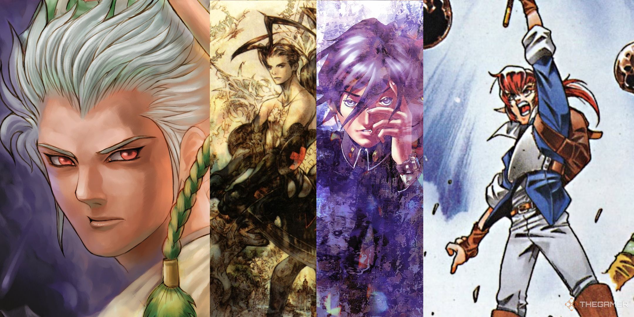 Split image of official art from Dragon Valor, Vagrant Story, Persona, and Alundra.