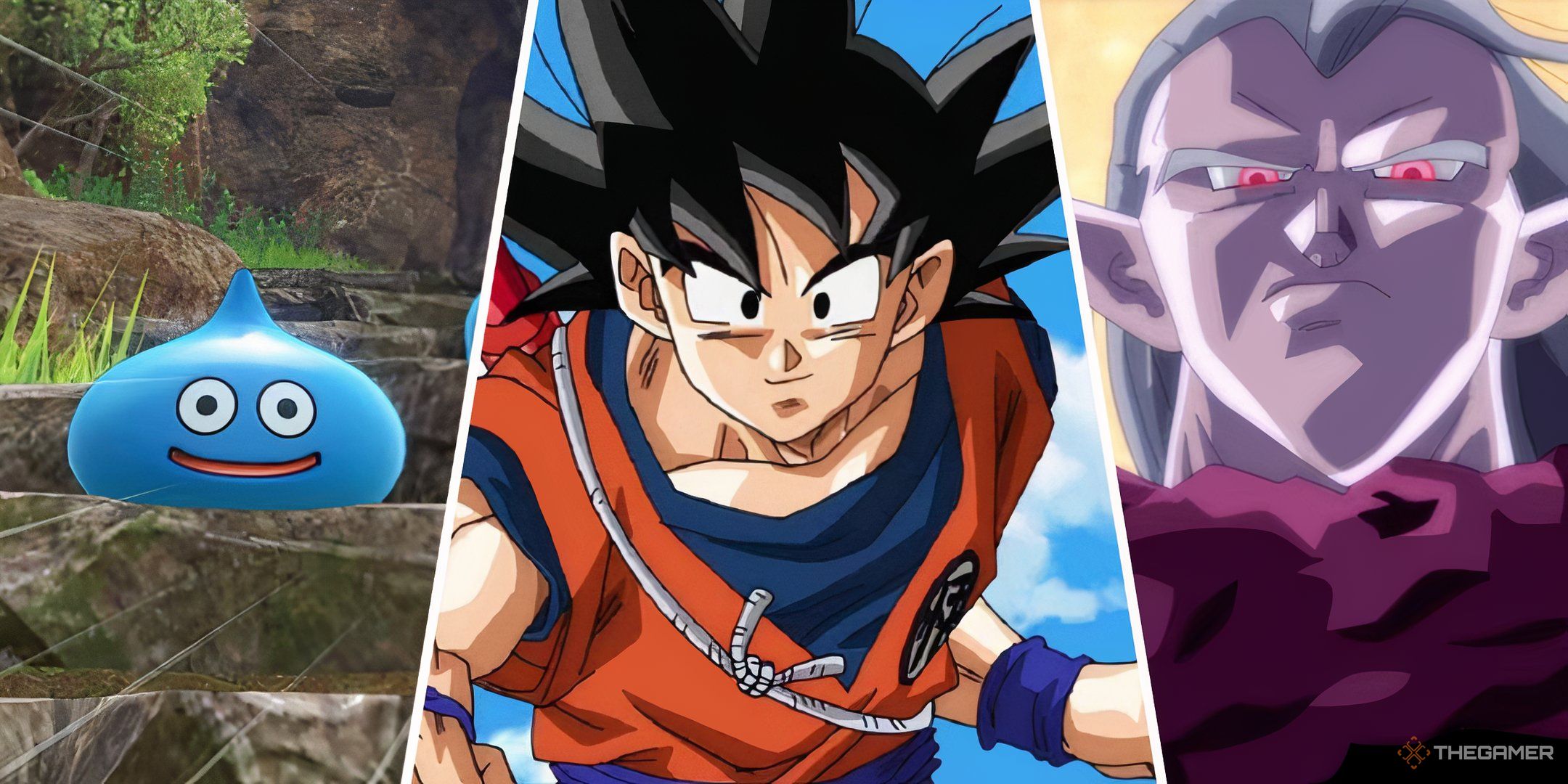 Split images of a Dragon Quest Slime, Goku from Dragon Ball, and Magus from Chrono Trigger.