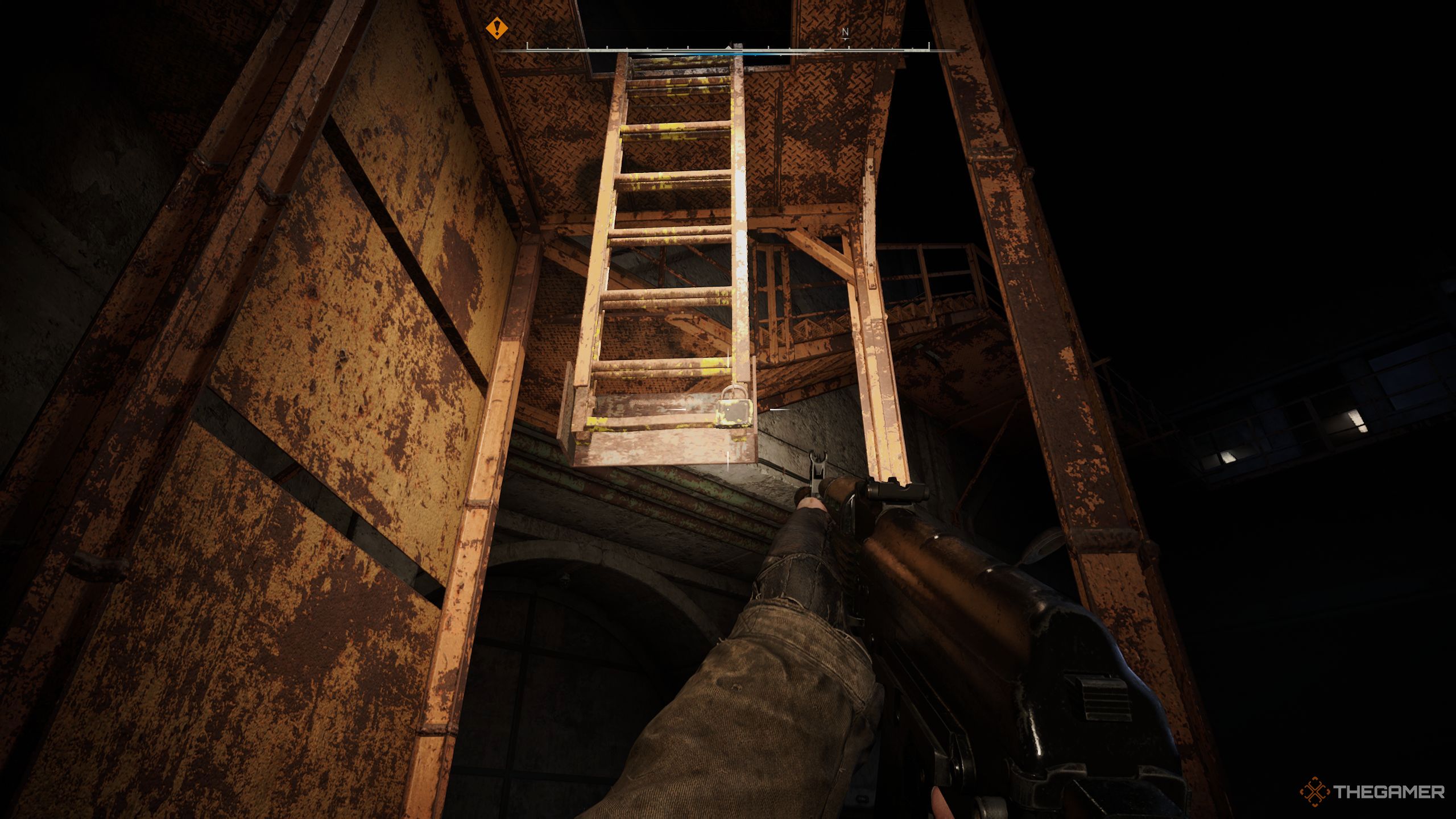 Skif aiming his gun at the ladder that is locked.