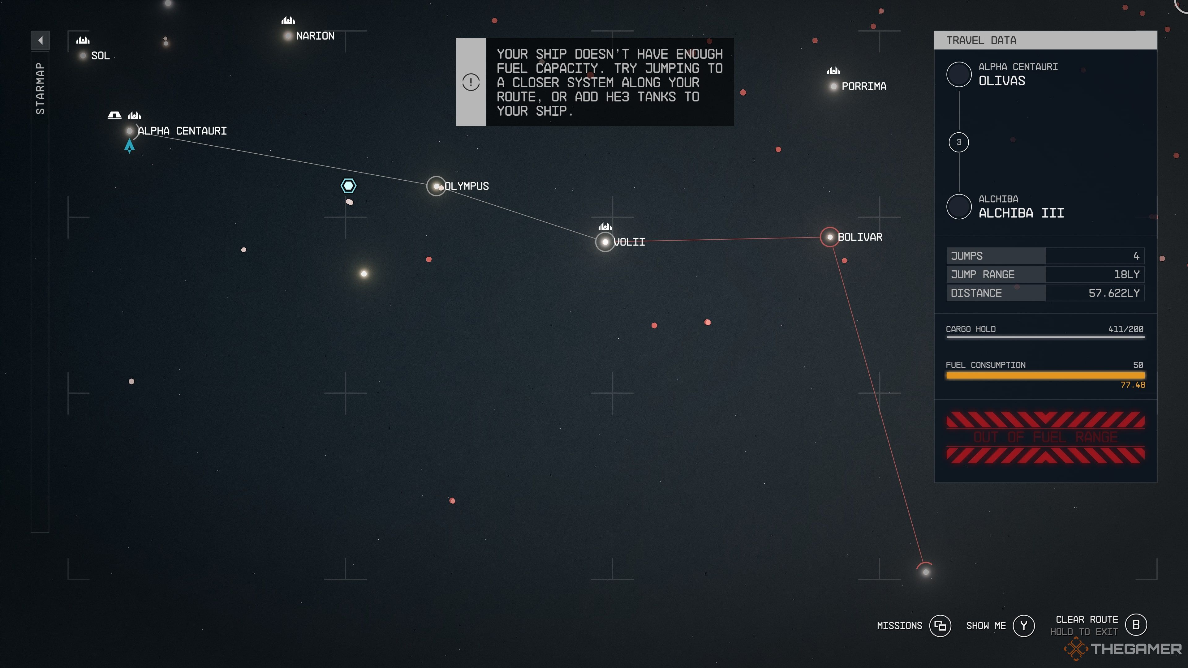 A screenshot of the Galaxy card in Starfield, which shows the location of the Alchiba system and the travel dates required for the ship.