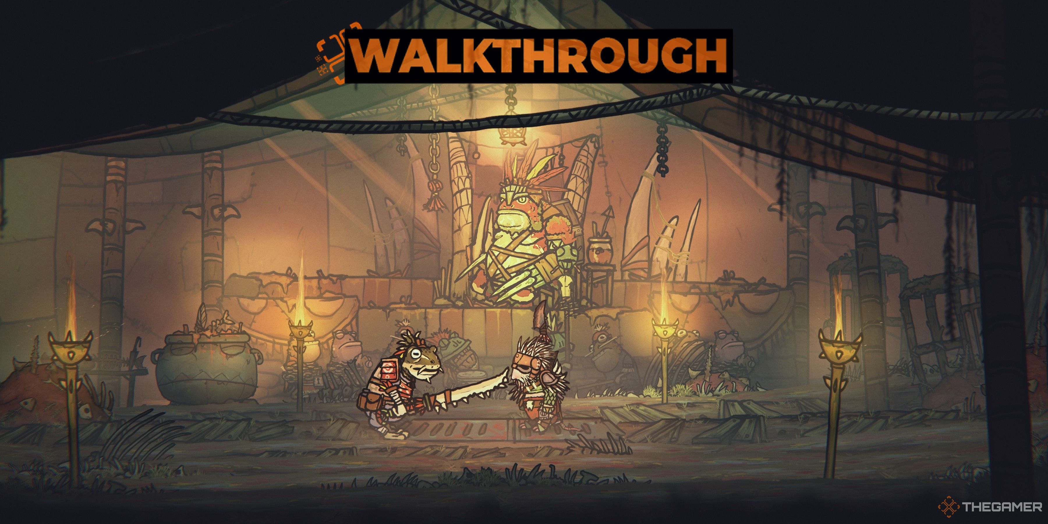 Arlo and Short Tongue stand in Glubba The Gutt&rsquo;s lair during Revenge Of The Frog in Tails Of Iron 2: Whiskers Of Winter.