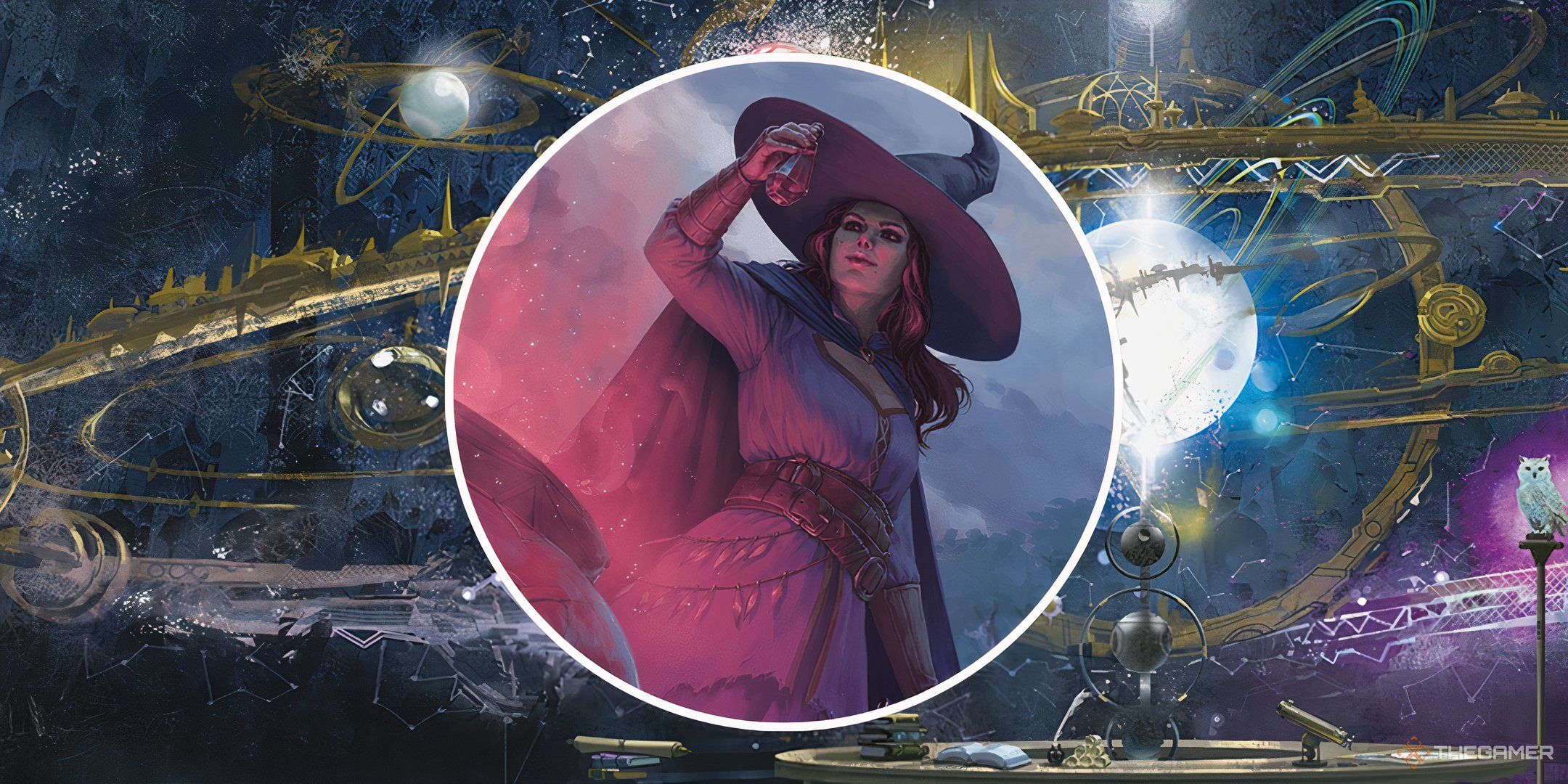 Tasha over a cauldron in a split image with an arcane observatory in Dungeons and Dragons