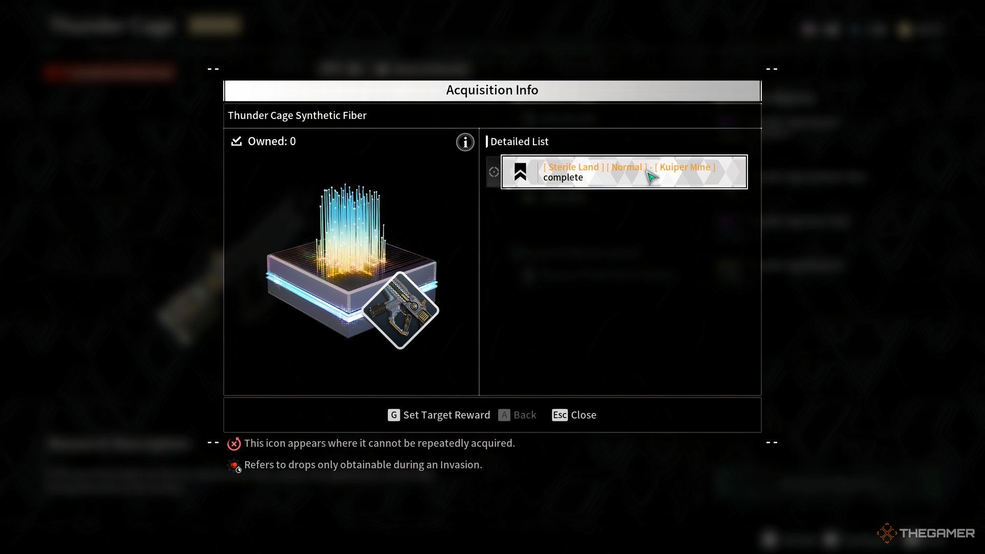 The First Descendant Acquisition Info screen showing the mission being selected. An image of the resource is on the left. There are input instructions at the bottom. 