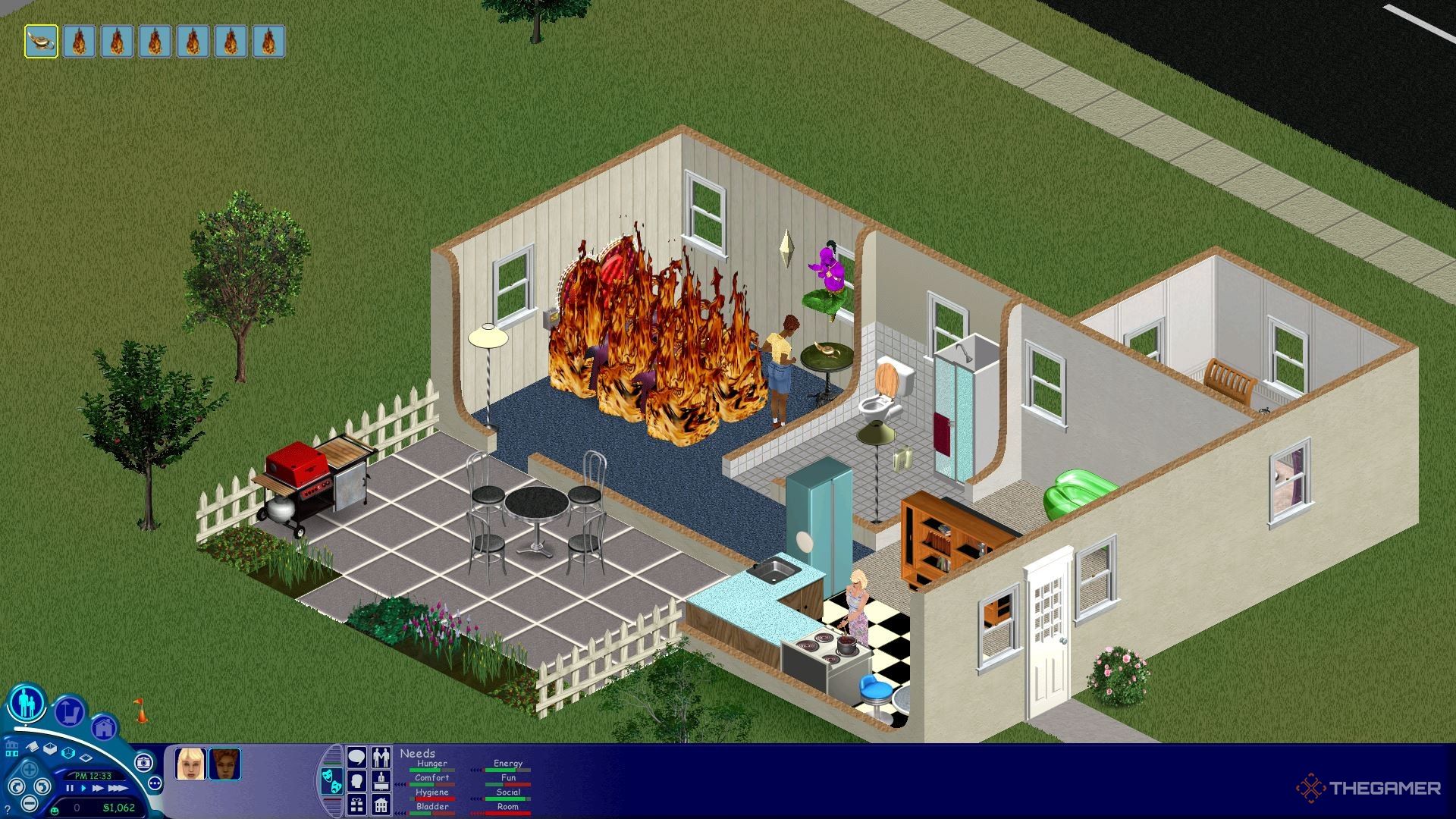The genie setting a love bed on fire in The Sims.