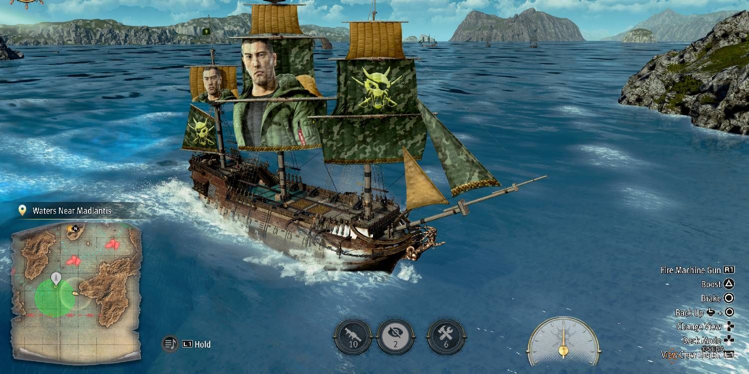 The Goromaru with the Saejima sails design in Like A Dragon Pirate Yakuza In Hawaii.