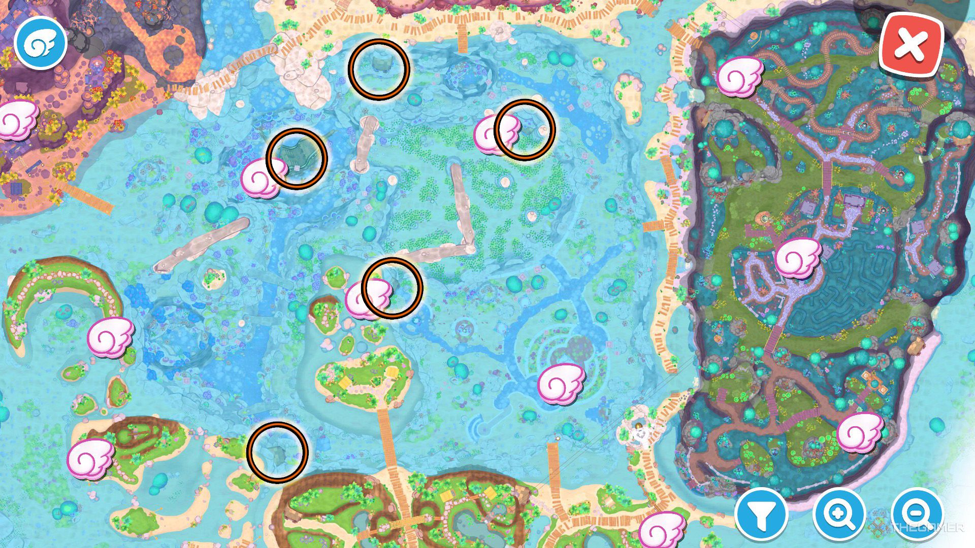 The orange circles shows the locations of Rainbow Reef&rsquo;s puzzle rooms  in Hello Kitty Island Adventure