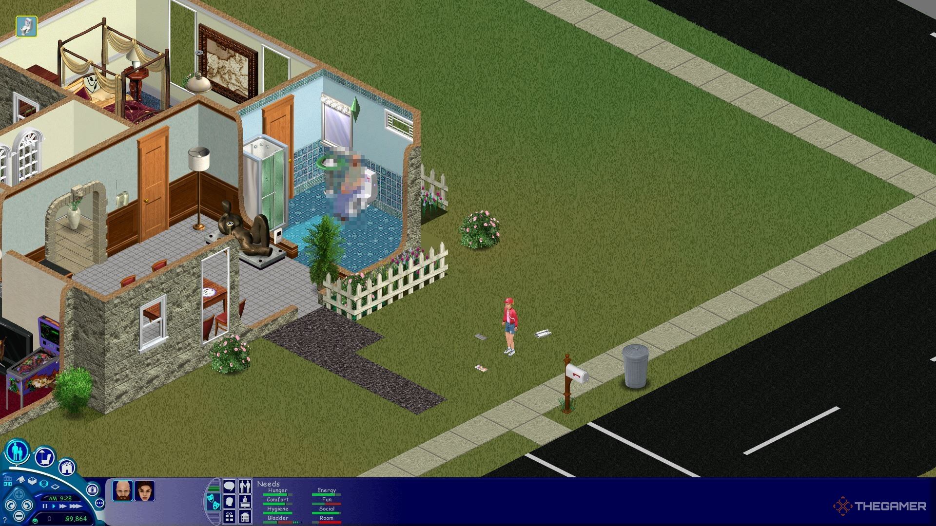 The papergirl delivering while Bob Newbie uses the bathroom in The Sims.