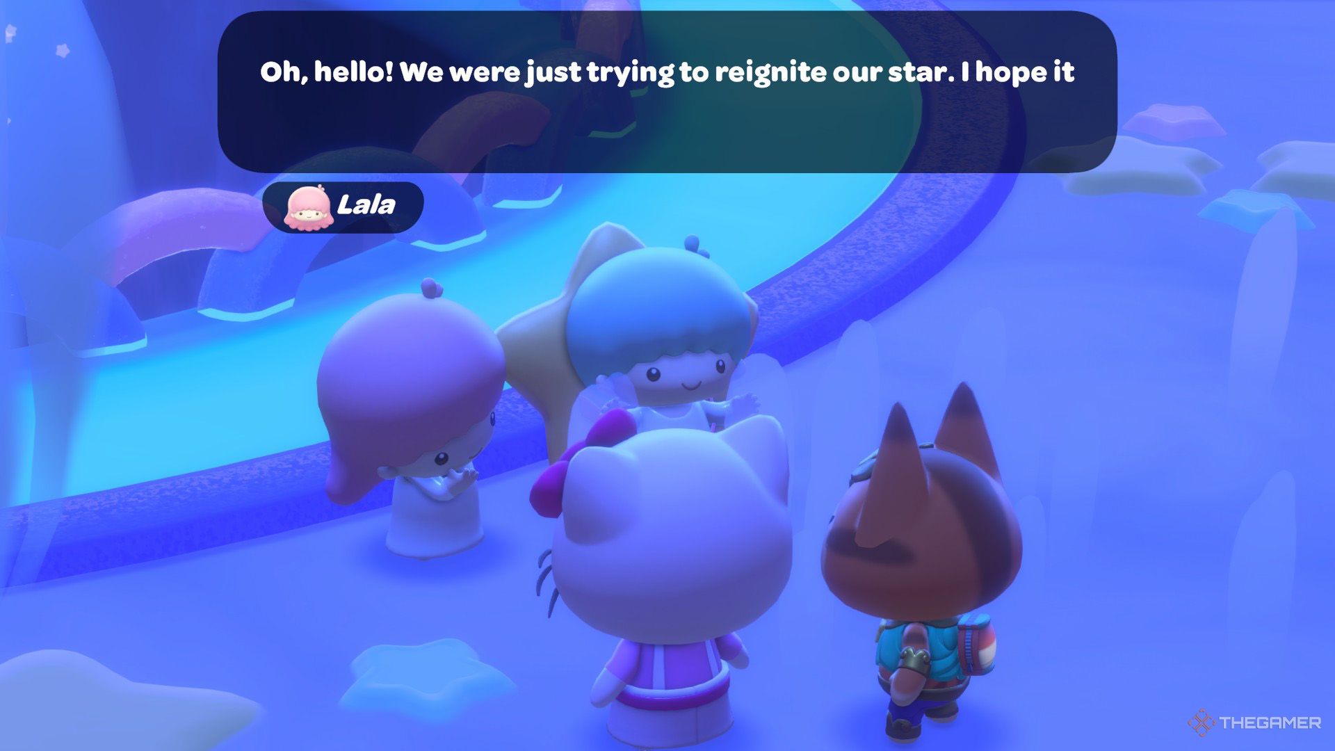 The player and Hello Kitty reach the Cloud Island and speaks with Lala and Kiki in Hello Kitty Island Adventure