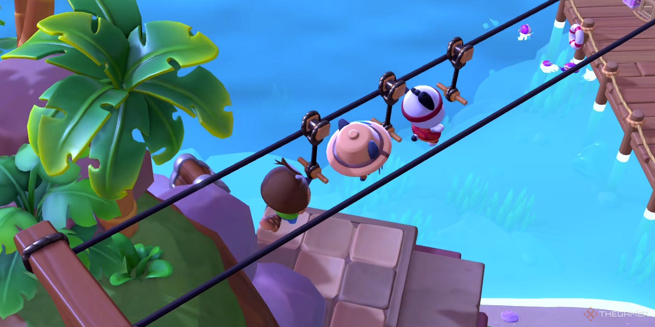 The player, Chococat and Pochacco uses a zipline to reach Spooky Swamps in Hello Kitty Island Adventure