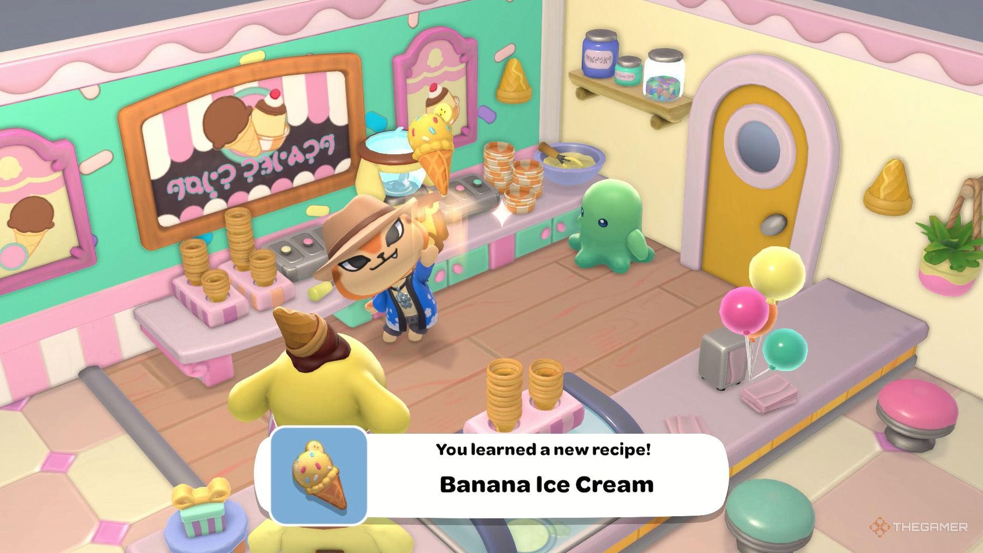The player crafts a Banana Ice Cream from Dessert Machine in Hello Kitty Island Adventure