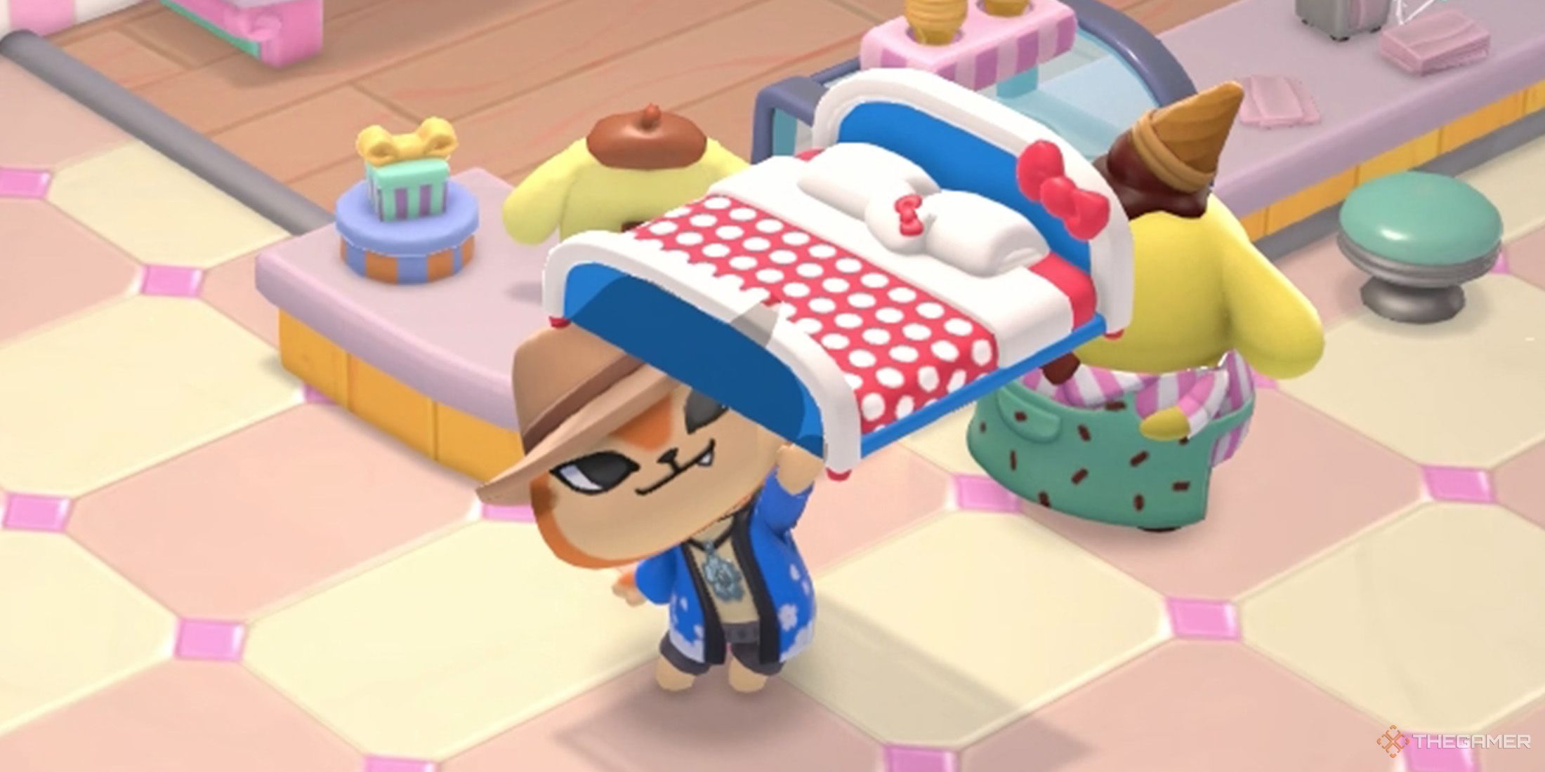 The player crafts a Hello Kitty Double Bed in Hello Kitty Island Adventure