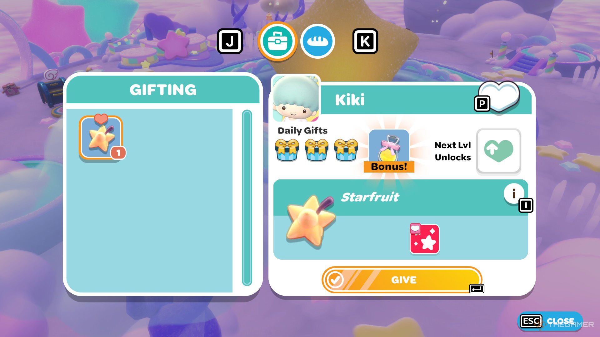 The player gifts a Starfruit to Kiki in Hello Kitty Island Adventure