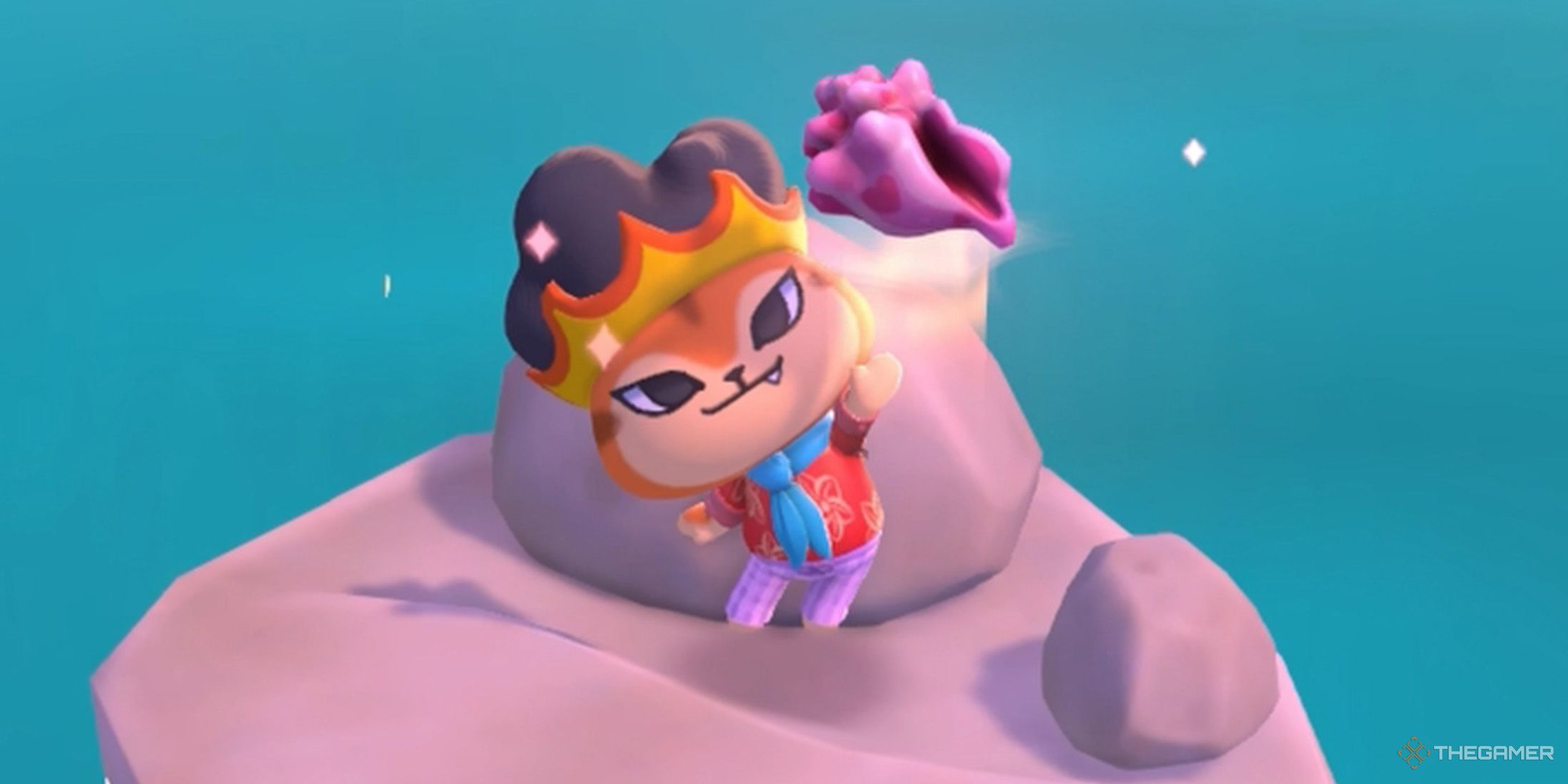 The player holds a pink echo conch on a stone island in Hello Kitty Island Adventure