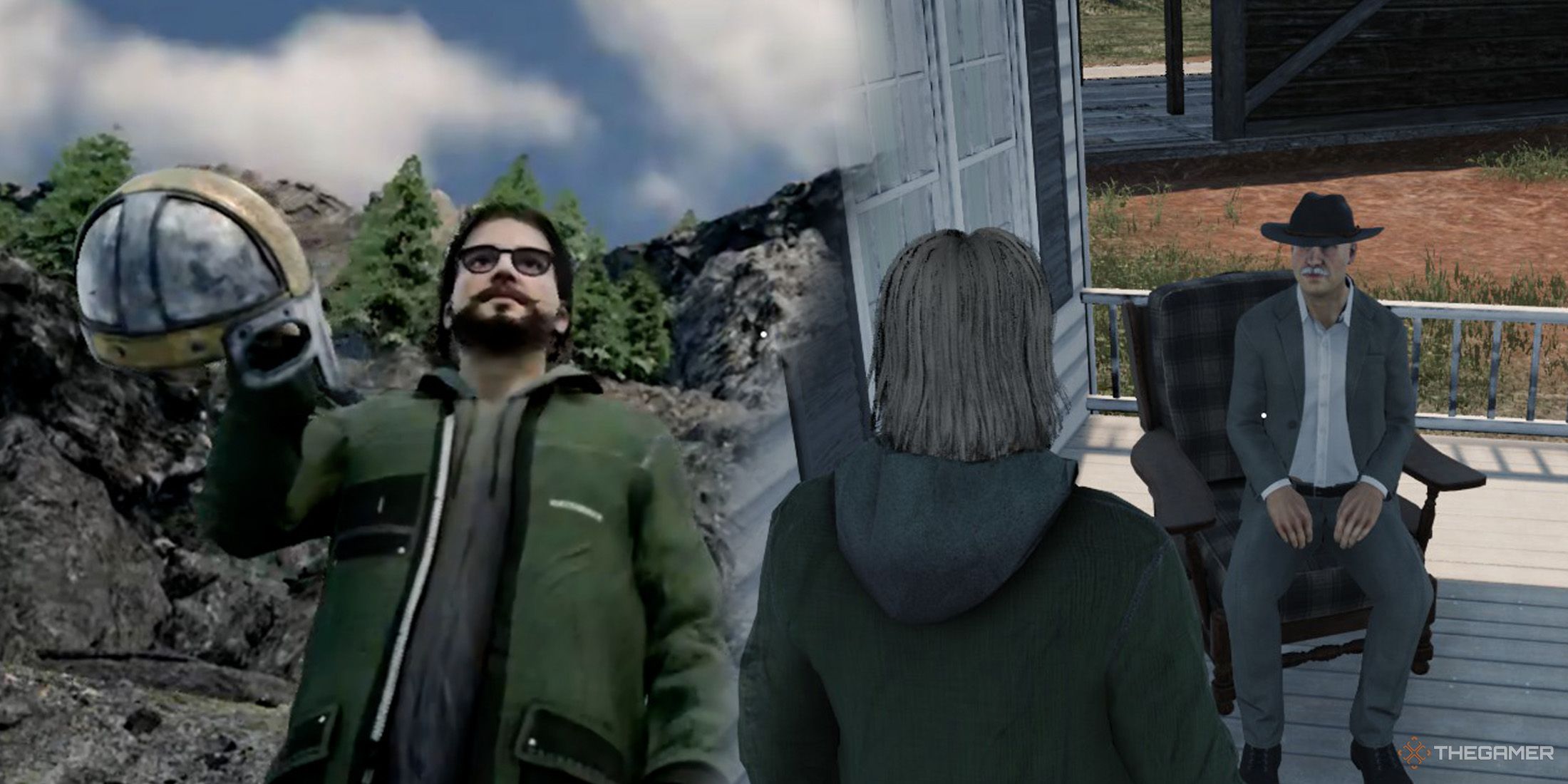 The player holds the Helmet on the left side and speaking with male rancher on the right side in Rancher Simulator