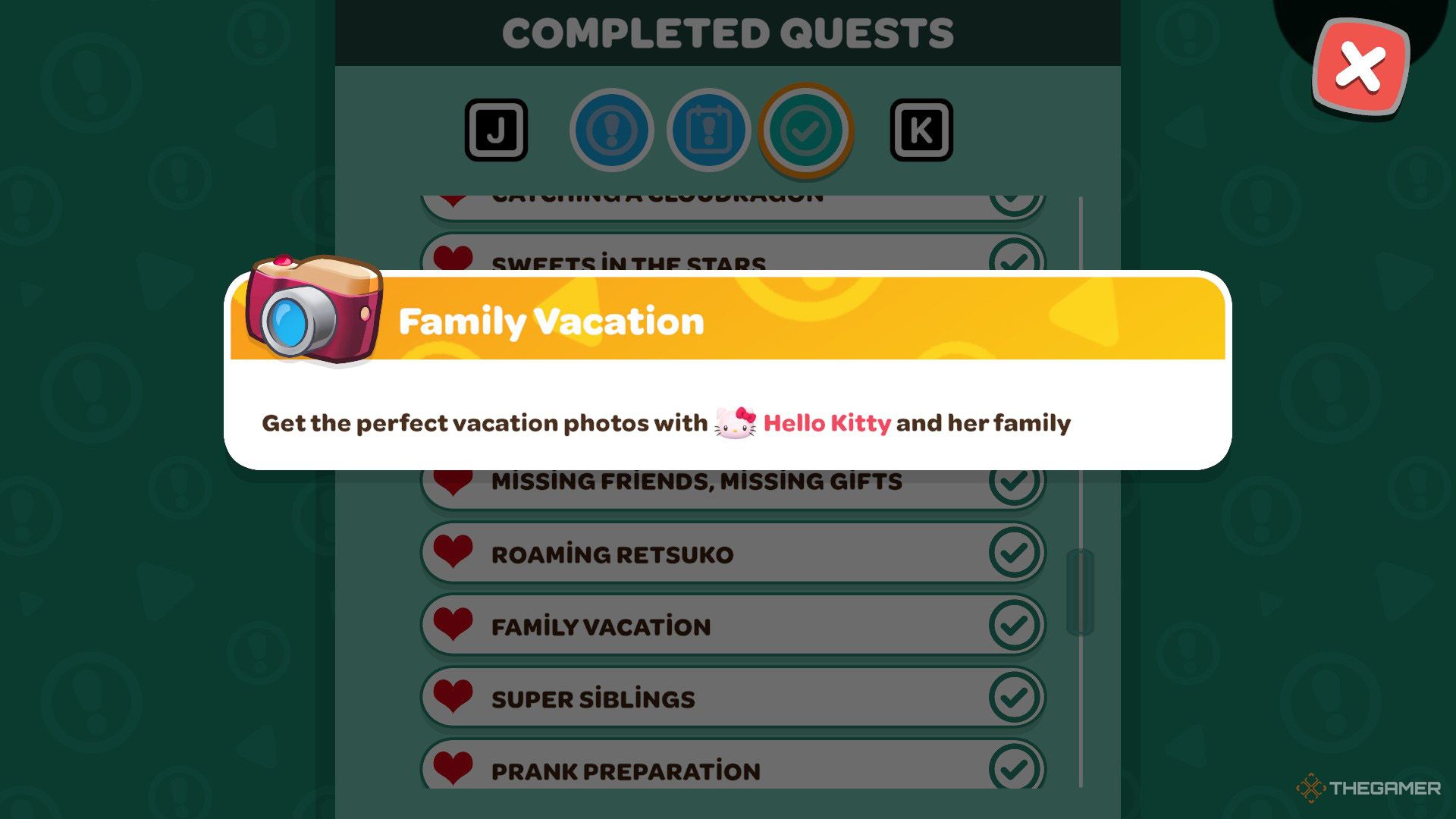 The player is checking Family Vacation quest in Hello Kitty Island Adventure