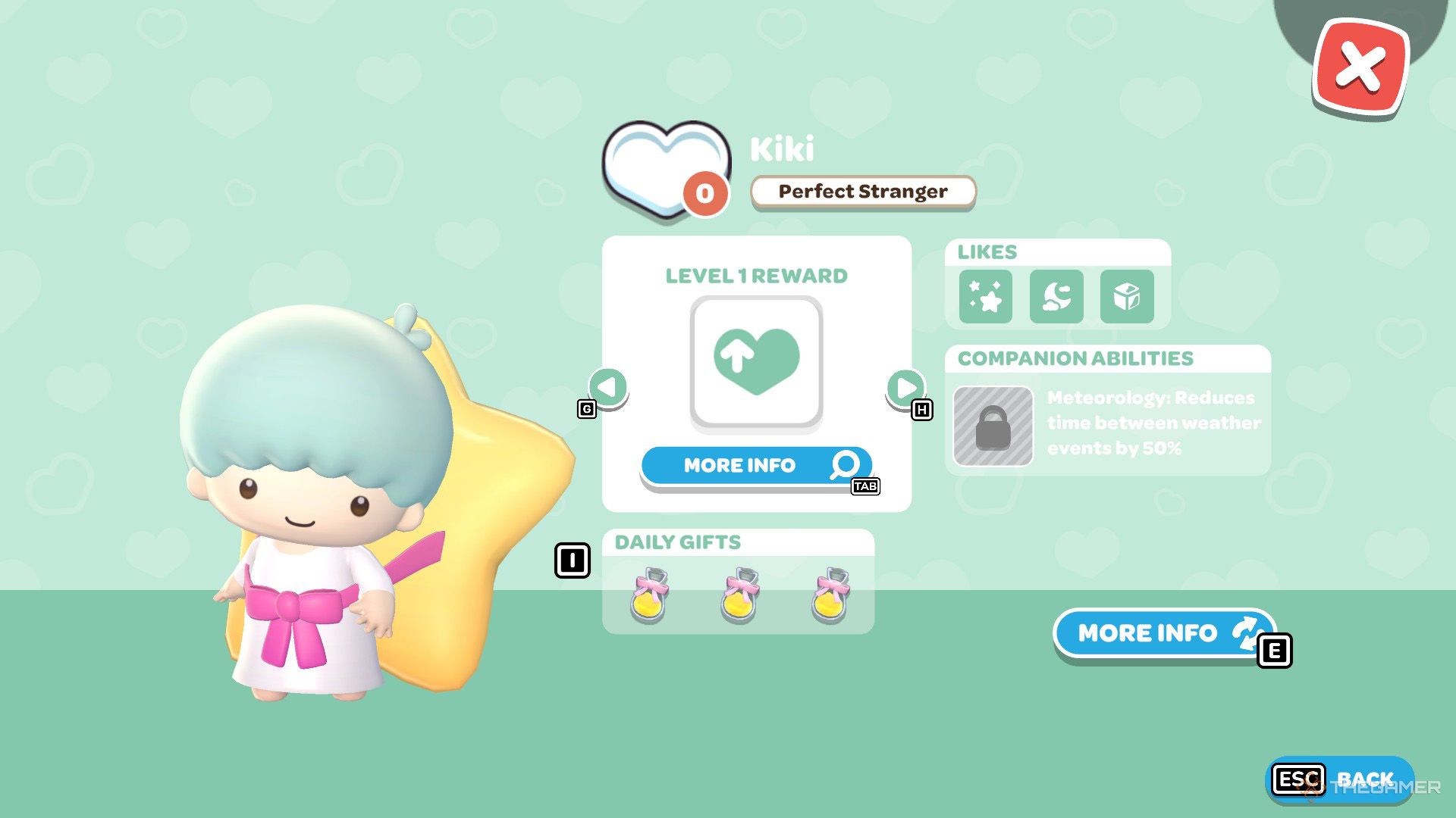 The player is checking Kiki's friendship rewards in Hello Kitty Island Adventure