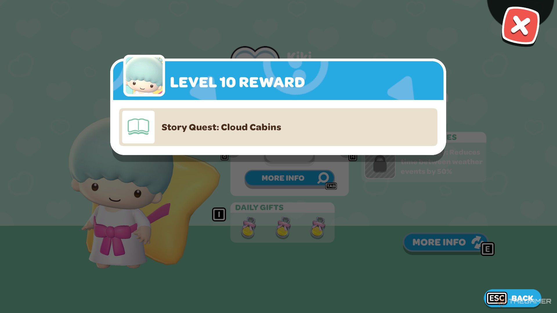 The player is checking Kiki's level ten friendship reward in Hello Kitty Island Adventure