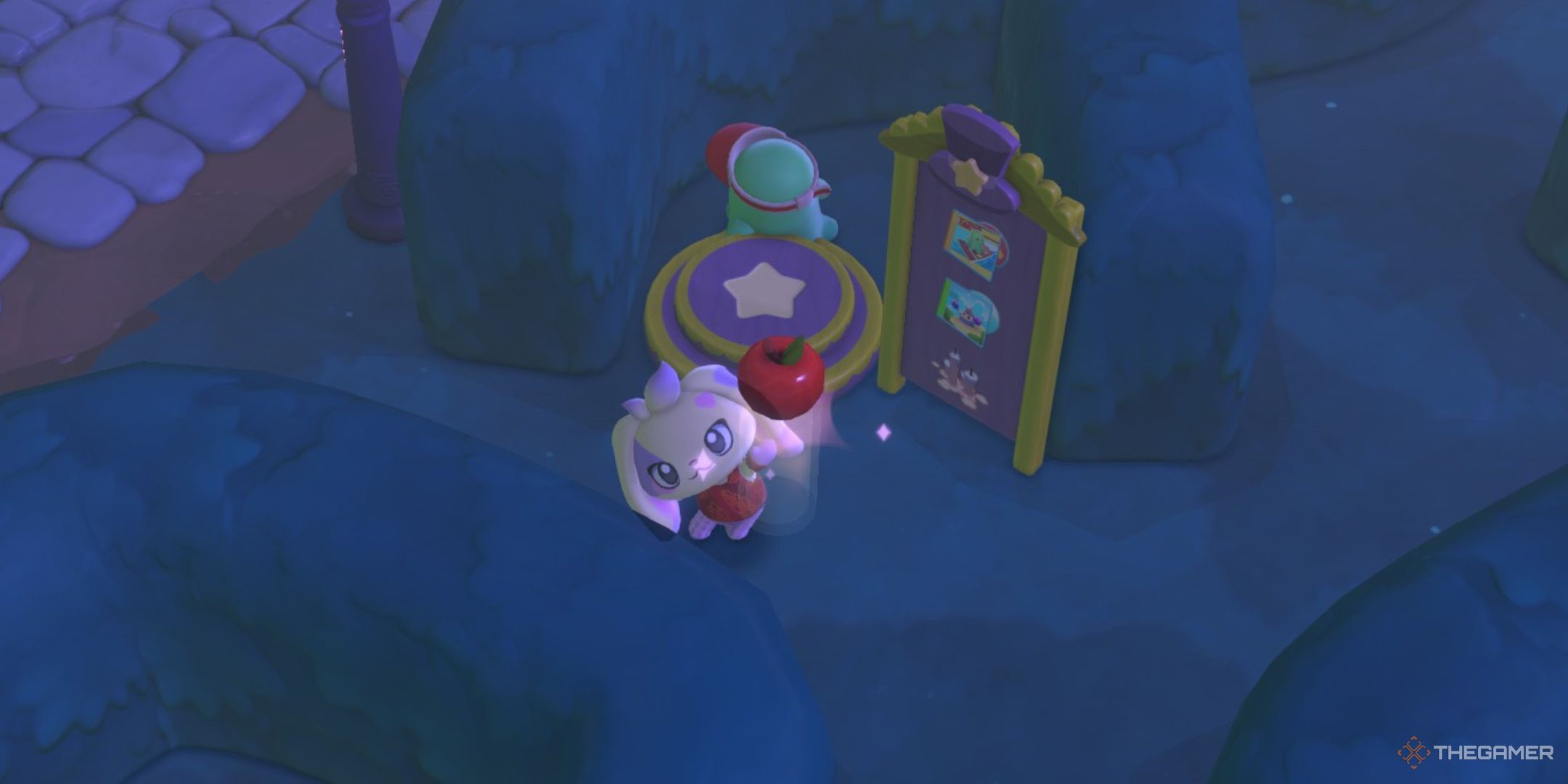 The player is holding an apple in Hello Kitty Island Adventure.