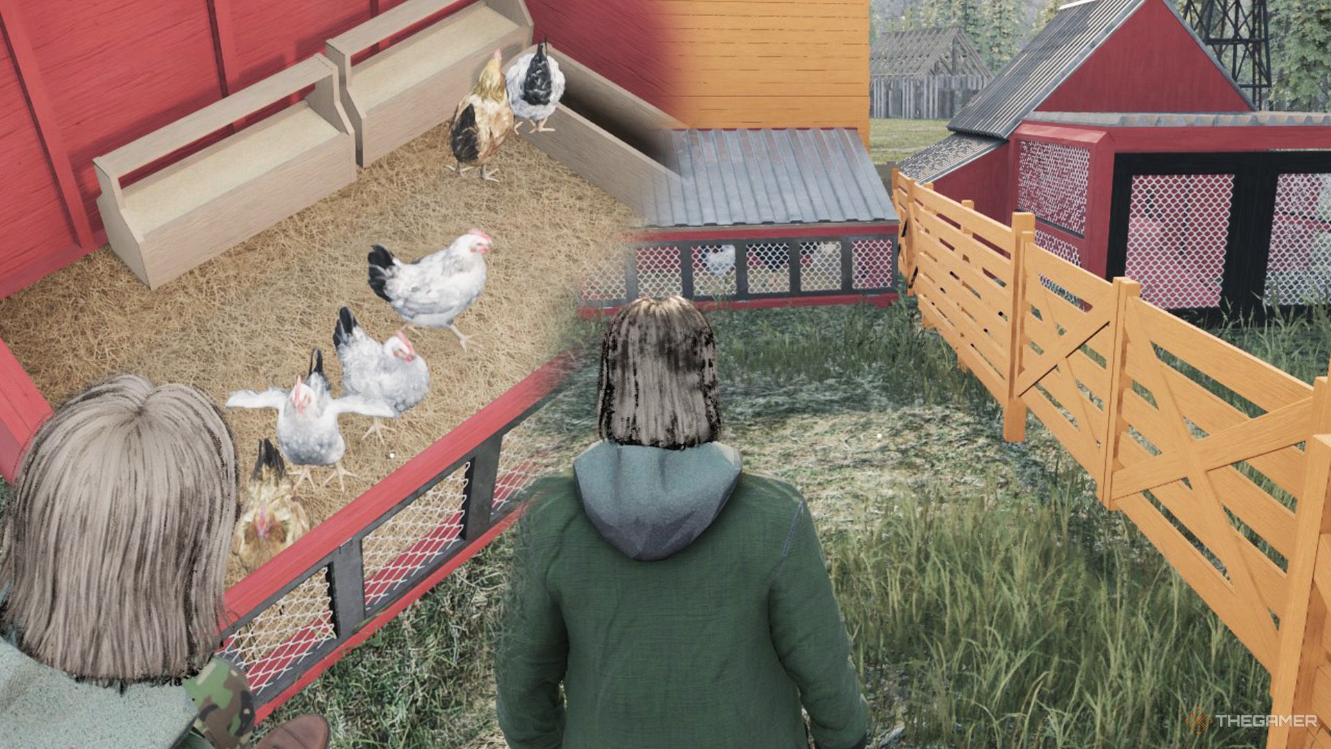 The player is looking at chickens on the left side and standing in front of two different coops on the right side in Ranch Simulator