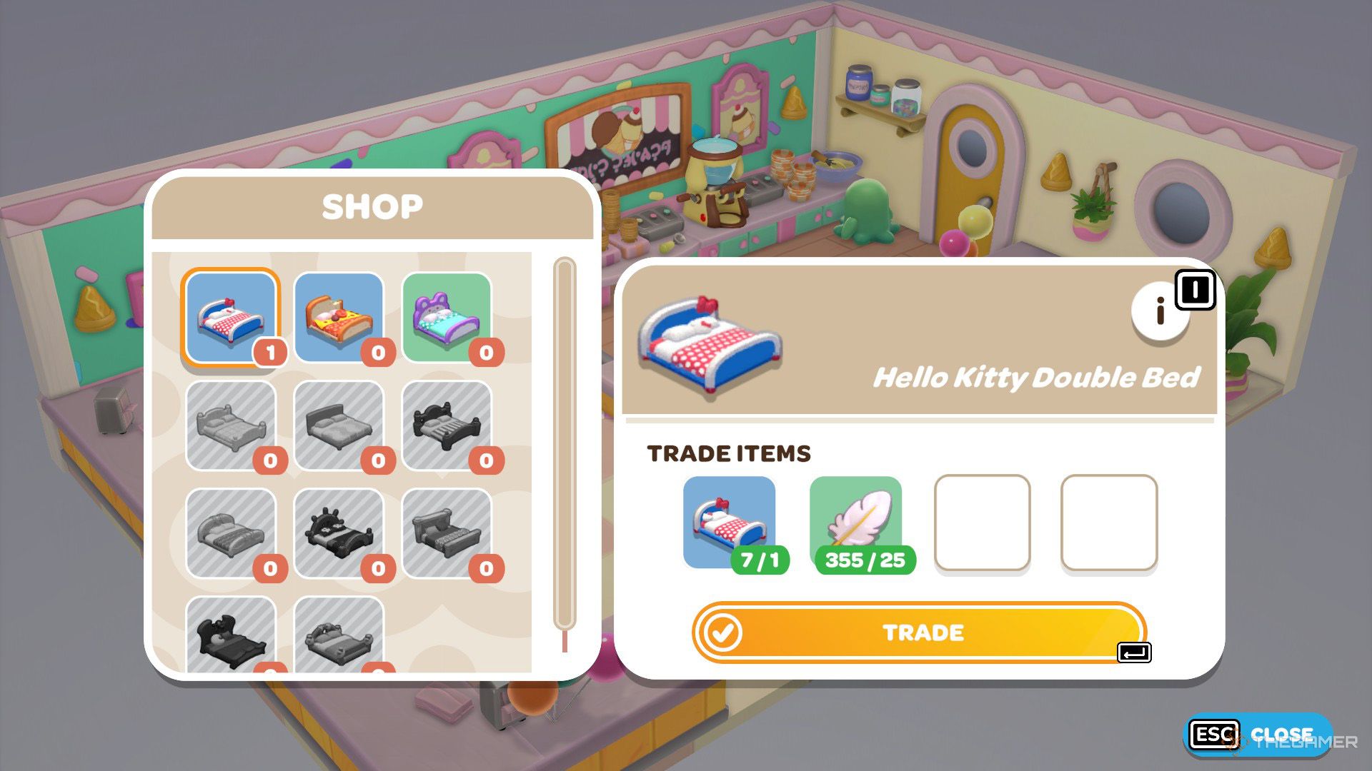 The player is planning to buy a Hello Kitty Double Bed in Hello Kitty Island Adventure