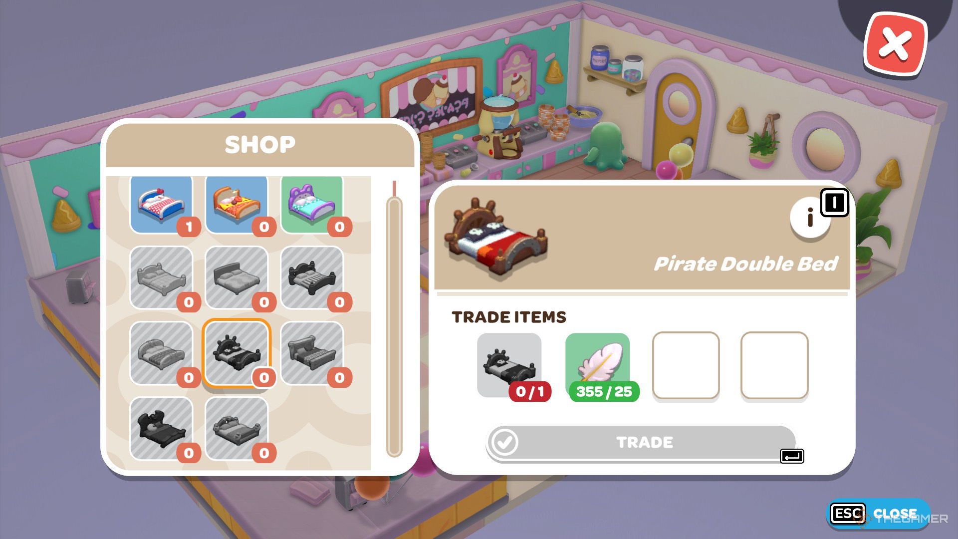 The player is planning to buy a Pirate Double Bed in Hello Kitty Island Adventure