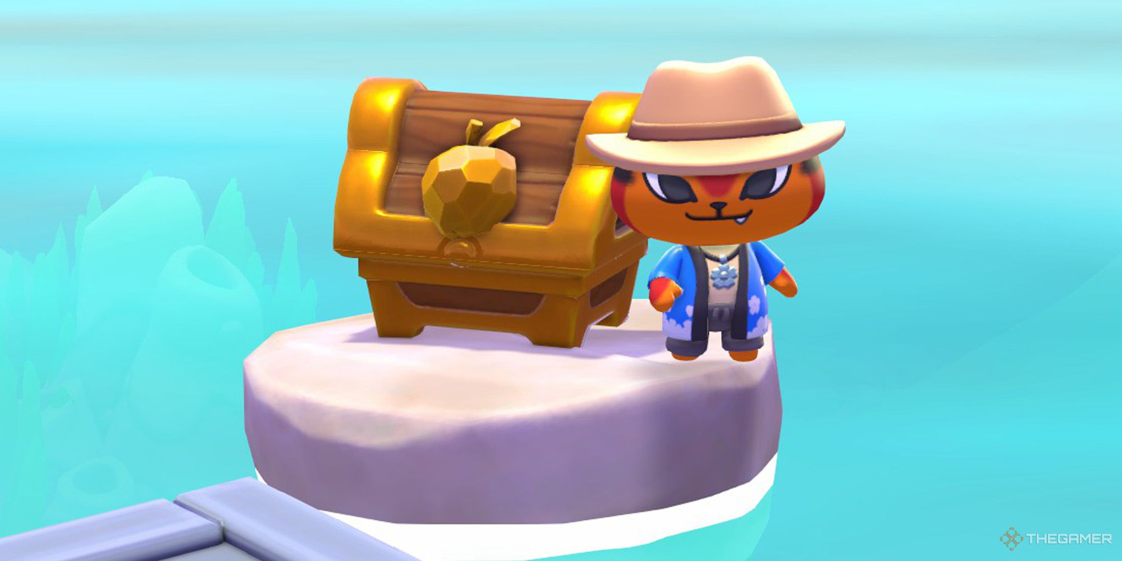 The player is standing next to a golden chest that is located on a stone platform that is surrounded by the sea in Hello Kitty Island Adventure