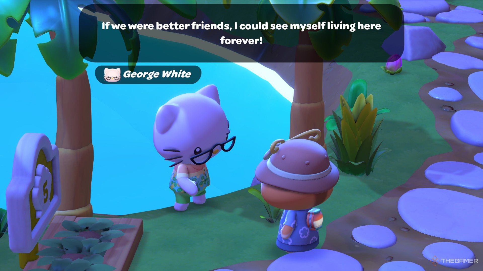 The player reveives a daily quest from George White in Hello Kitty Island Adventure
