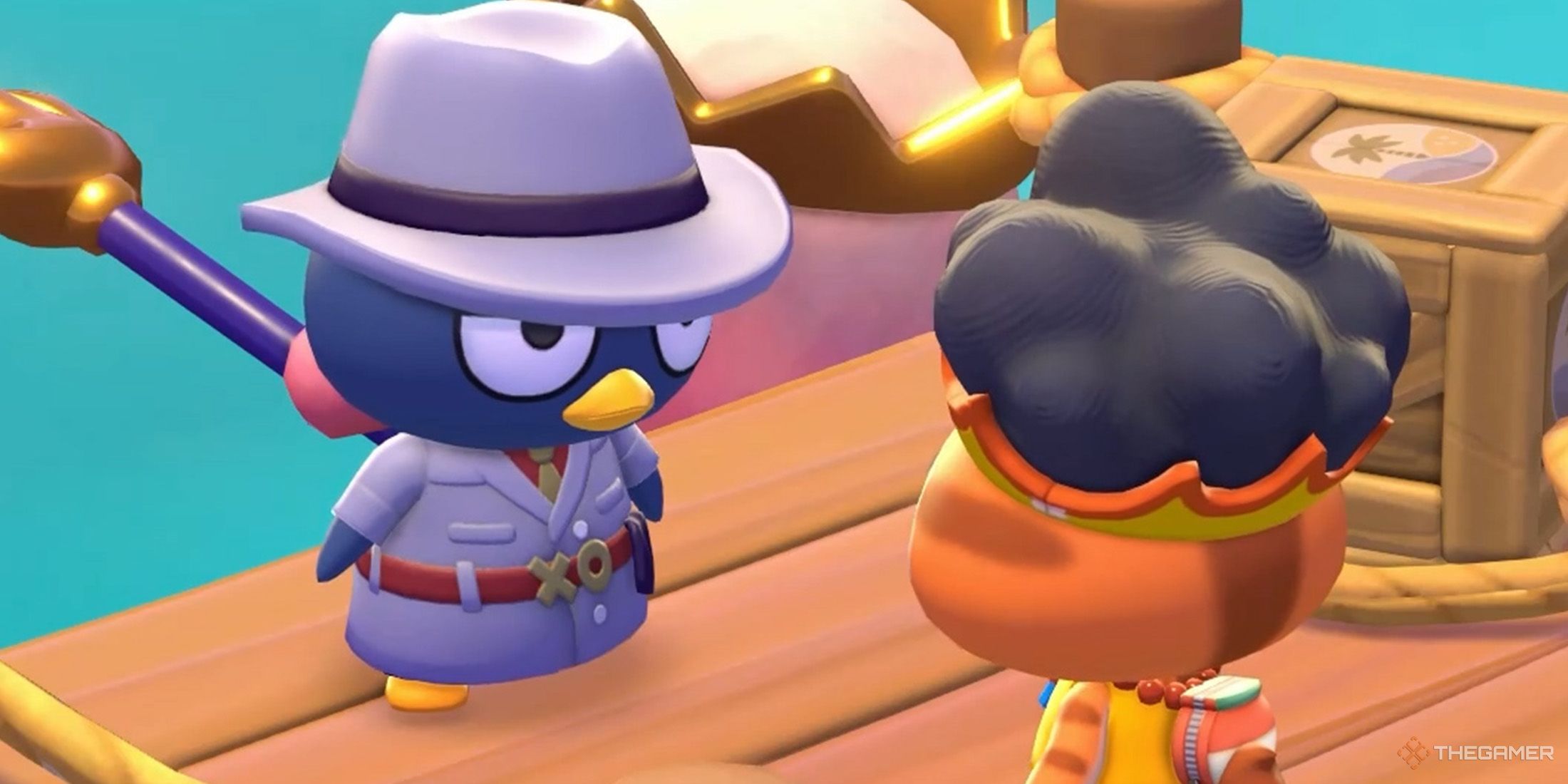 The player speaks with Badtz-maru who wears detective costume on the dock in Hello Kitty Island Adventure