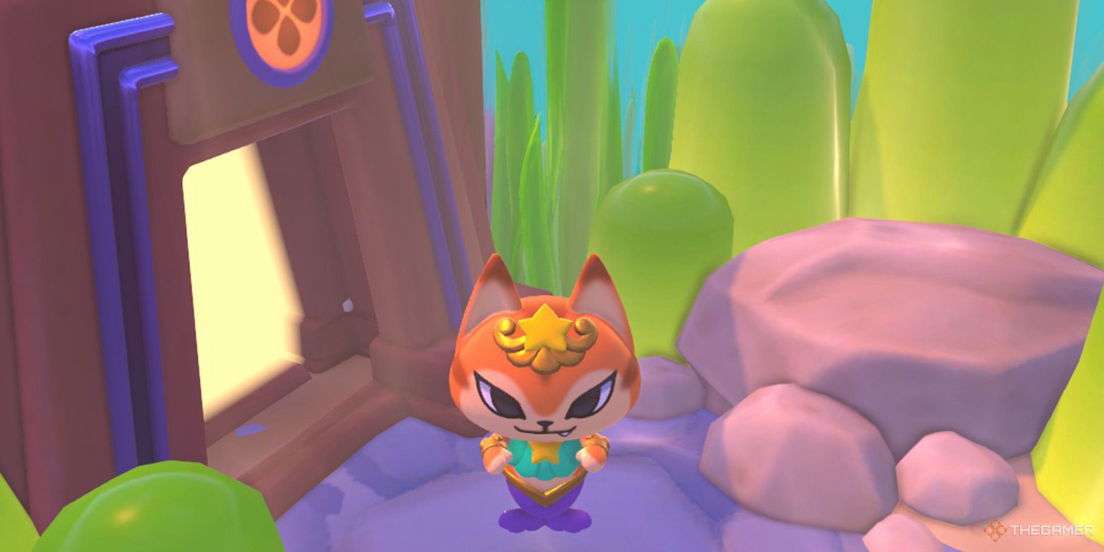The player wears the mermaid suit and swims in front of one of the Rainbow Reef&rsquo;s puzzle room in Hello Kitty Island Adventure