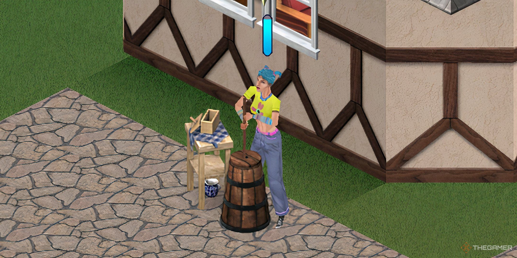 A female sim churning butter outside.