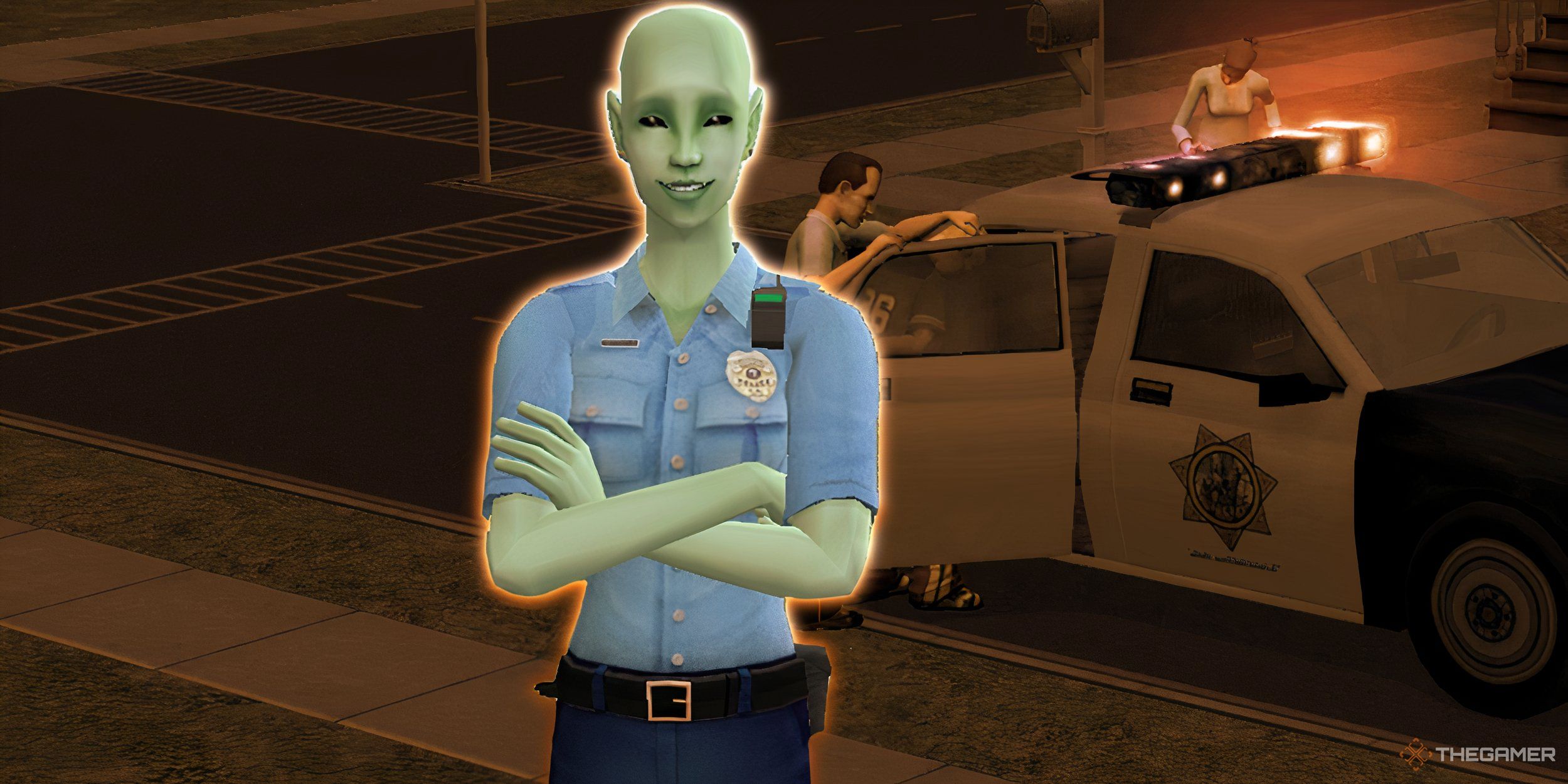 A collage of a police officer crossing their arms with another arresting a teen in the background.
