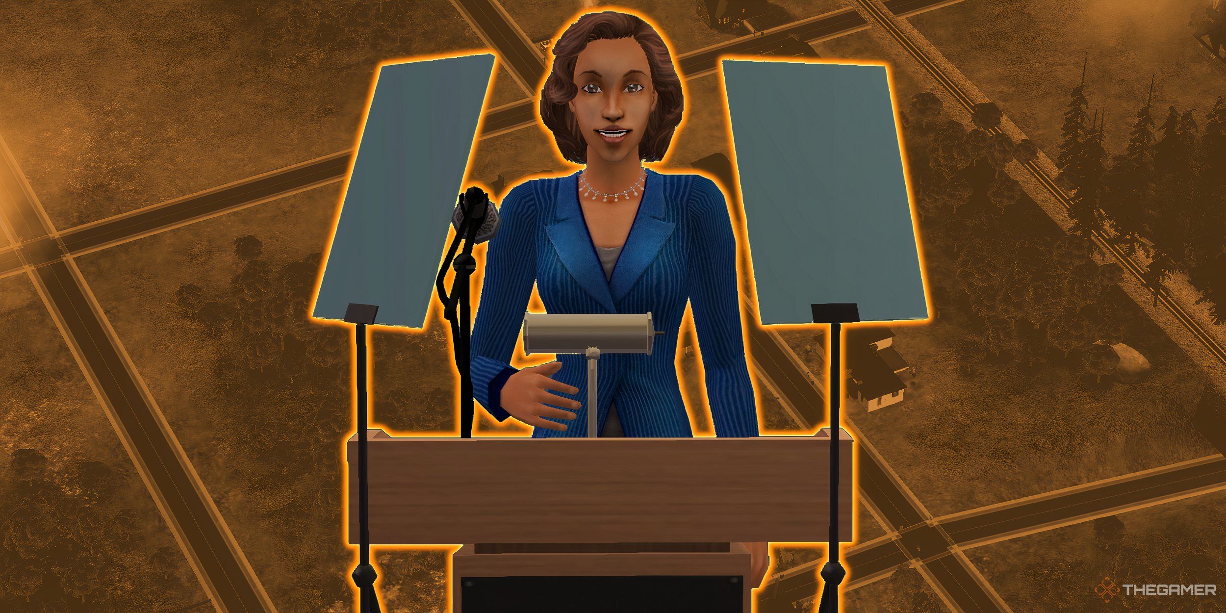 A sim talking at a podium with a map of a town in the background.