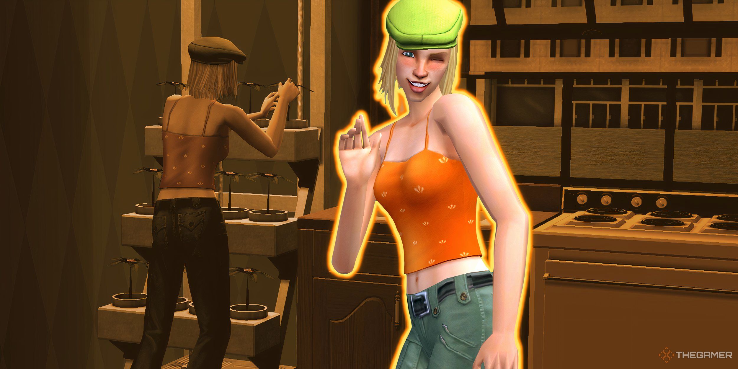 A sim waving in a green hat overtop a background image of the same sim watering plants.