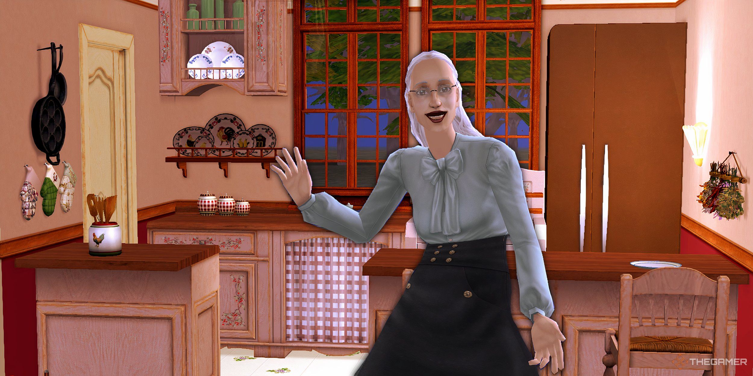 همه سرگرمی های Sims 2 3 پیرزن آشپزخانه بسیار تزئین شده خود را نشان می دهد.