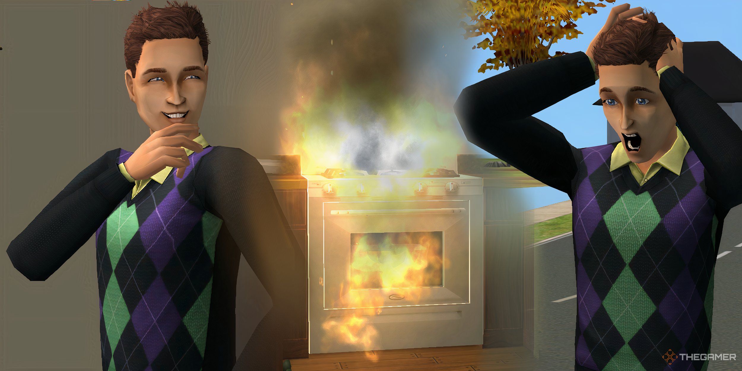 Collage of a sim and a burning stove.