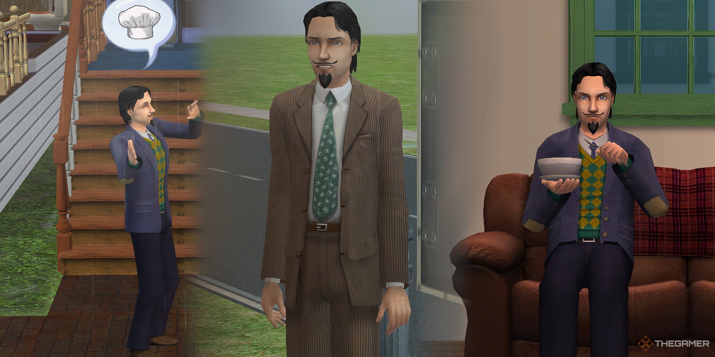 Collage of a sim with dark hair and a mustache dreaming about cooking but looking miserable in a suit and eating a bowl of beans alone in his apartment.