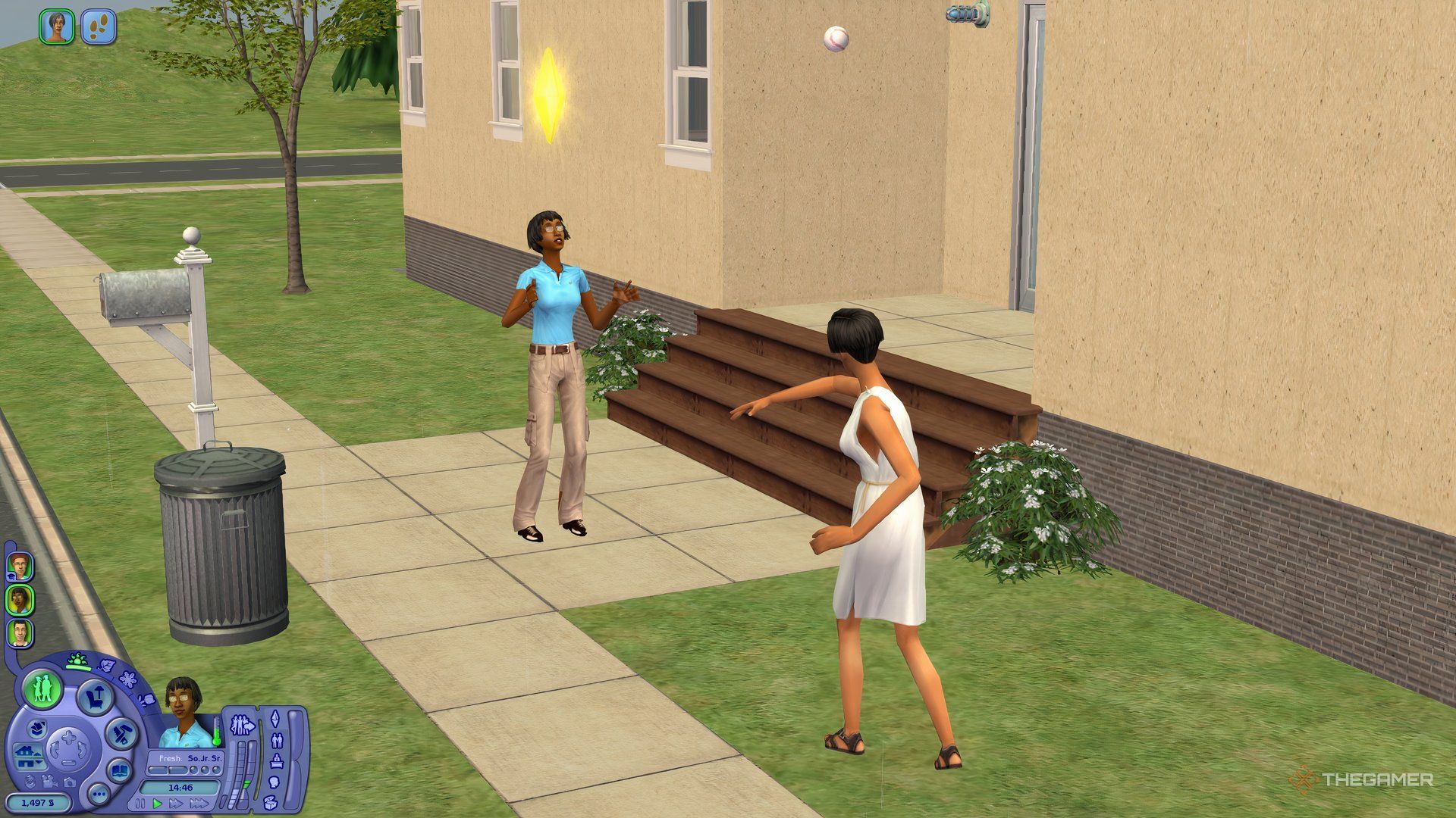 Two Sims in The Sims 2 University playing catch outside of a dorm room.