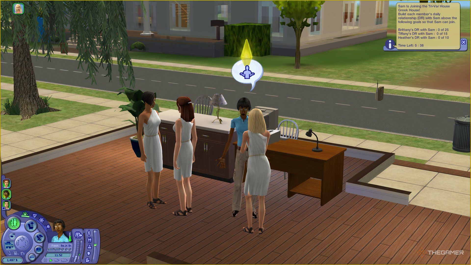 A Sim taking part in a Greek society rush in a dorm room in The Sims 2 University.
