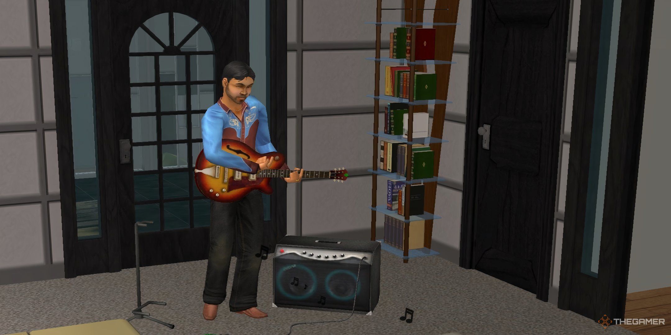 A happy Sim playing guitar in an apartment in The Sims 2. You can see a bookshelf behind.