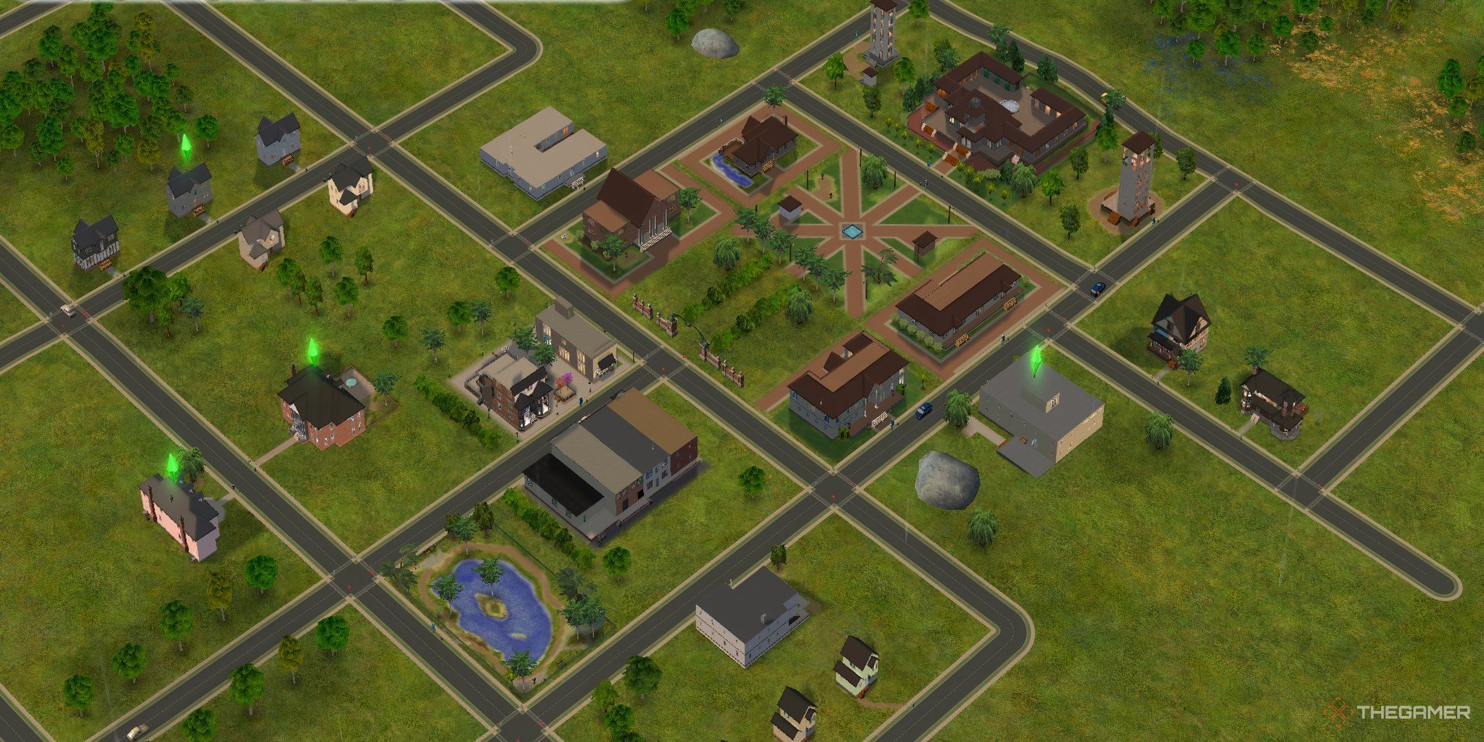 An overview of Sim State University in The Sims 2: University from an aerial view.