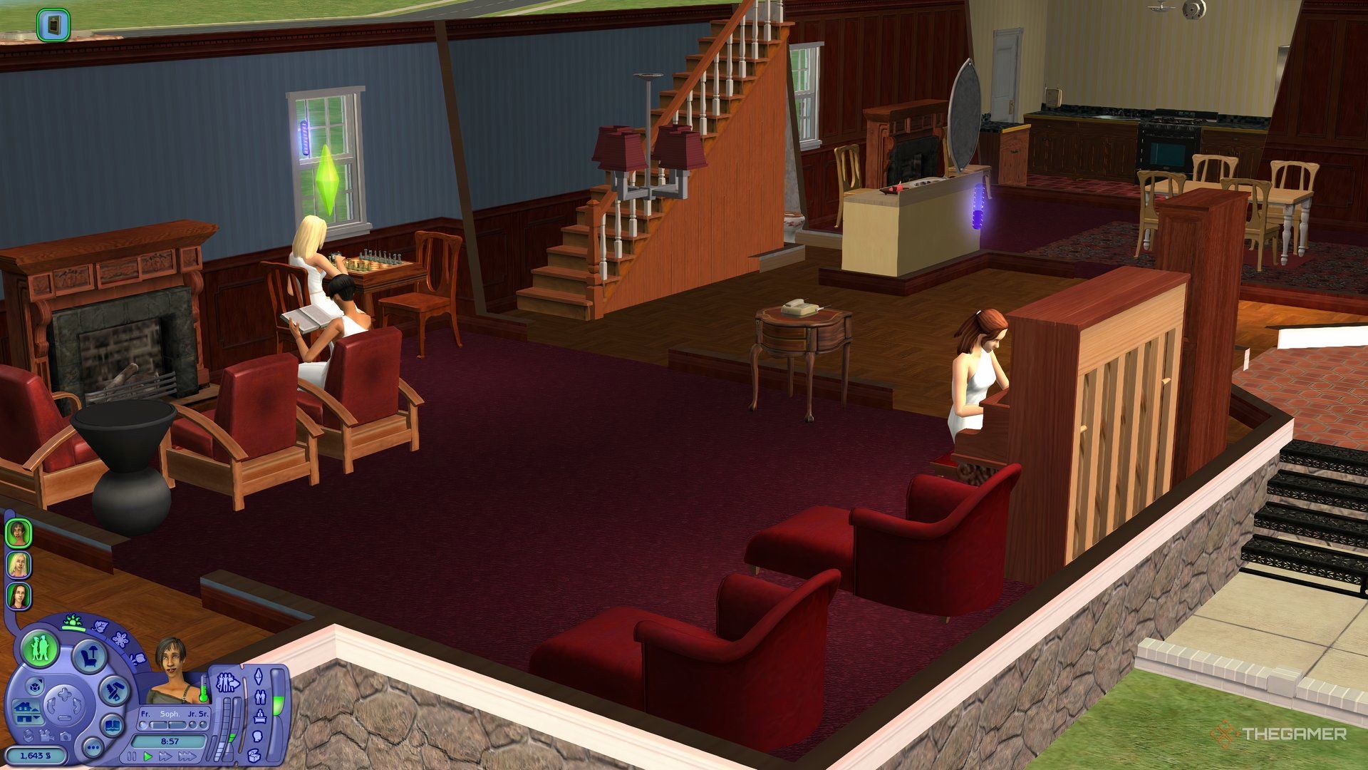 Three sorority sisters sat around in a common area in The Sims 2: University each doing activities.