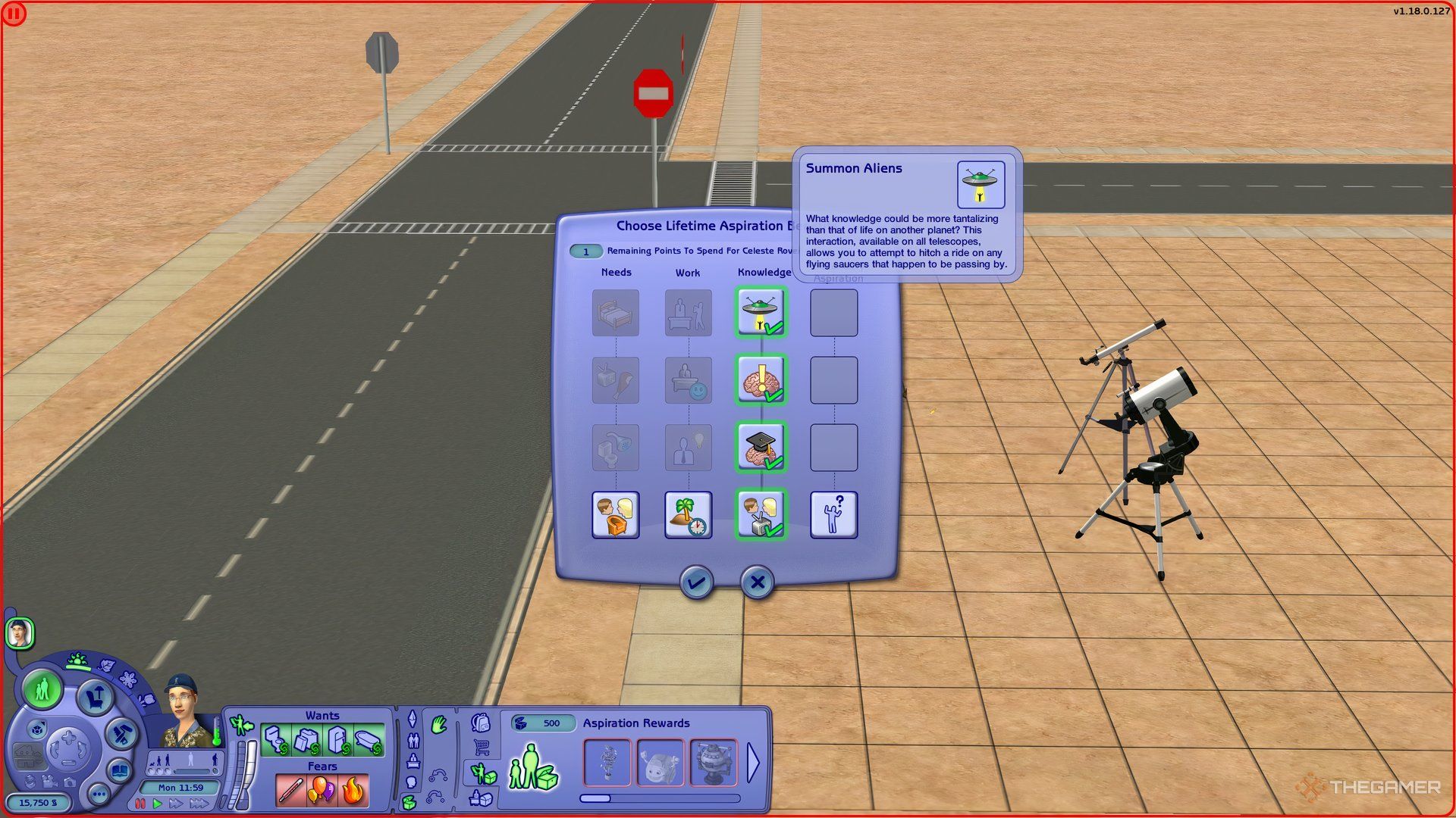 درخت آسپیراسیون دانش در Sims 2 نشان دهنده پاداش احضار بیگانگان است.