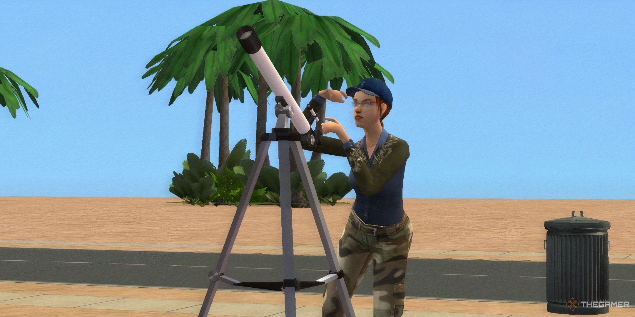 A Sim in The Sims 2 looking through a telescope at the start of the alien abduction cut scene animation.